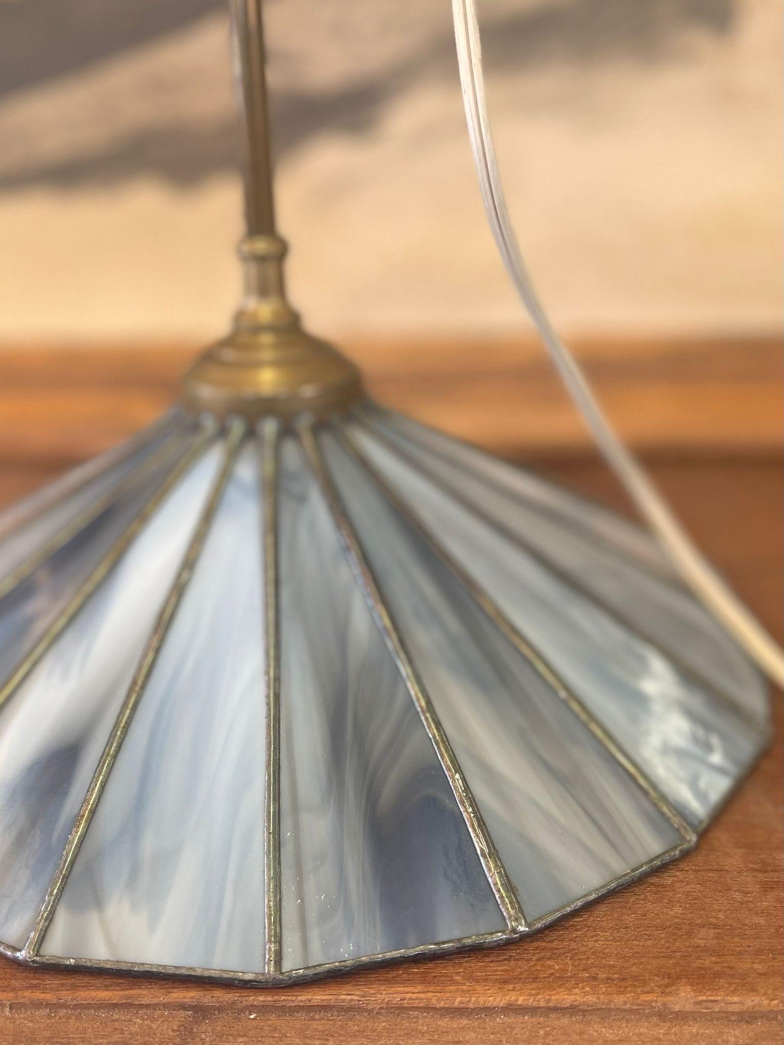 Vintage Parasol Pendant Light With Blue Stained Glass Shade For Sale 1