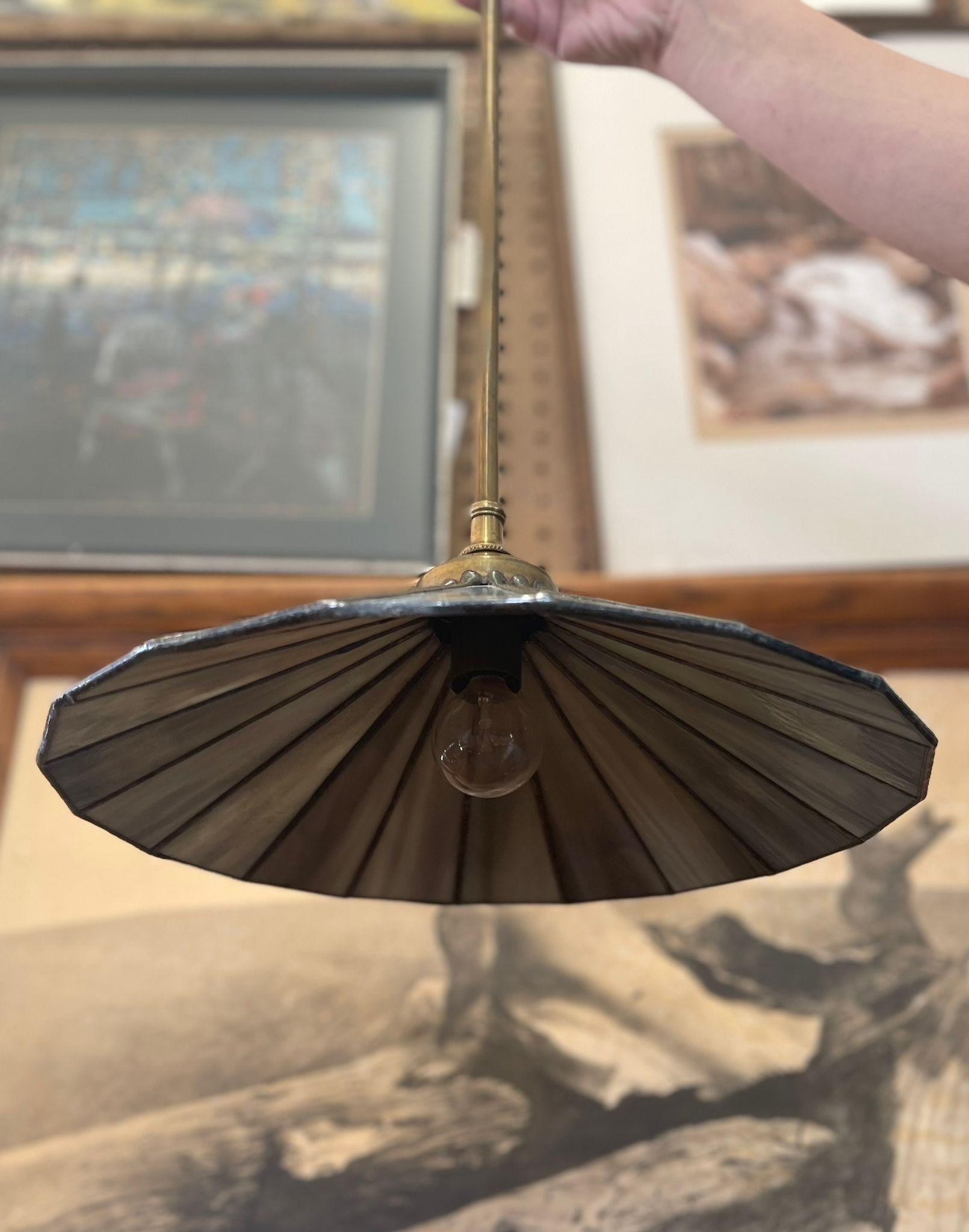Vintage Parasol Pendant Light With Blue Stained Glass Shade For Sale 3