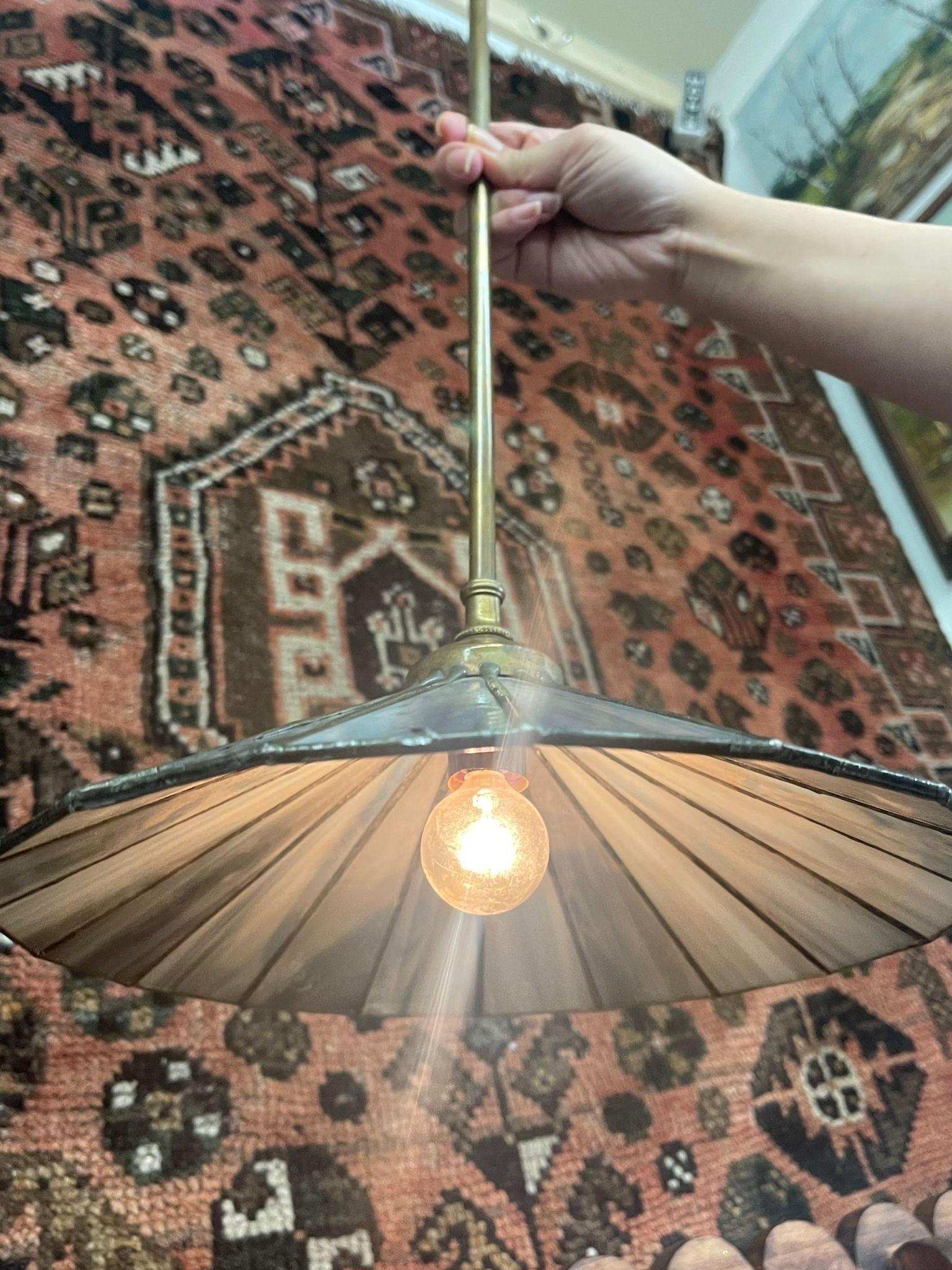 Vintage Parasol Pendant Light With Blue Stained Glass Shade For Sale 4