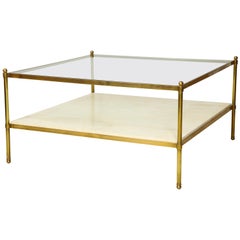 Vintage Parchment and Bronze Coffee Table with Glass Top
