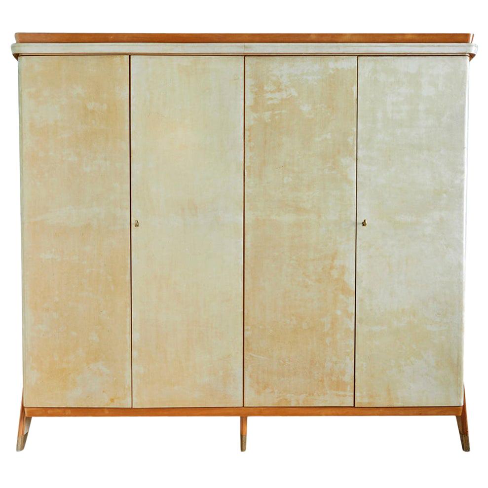 Vintage Parchment Cabinet with Wooden Molding and Brass Shoes, Italian, 1950s