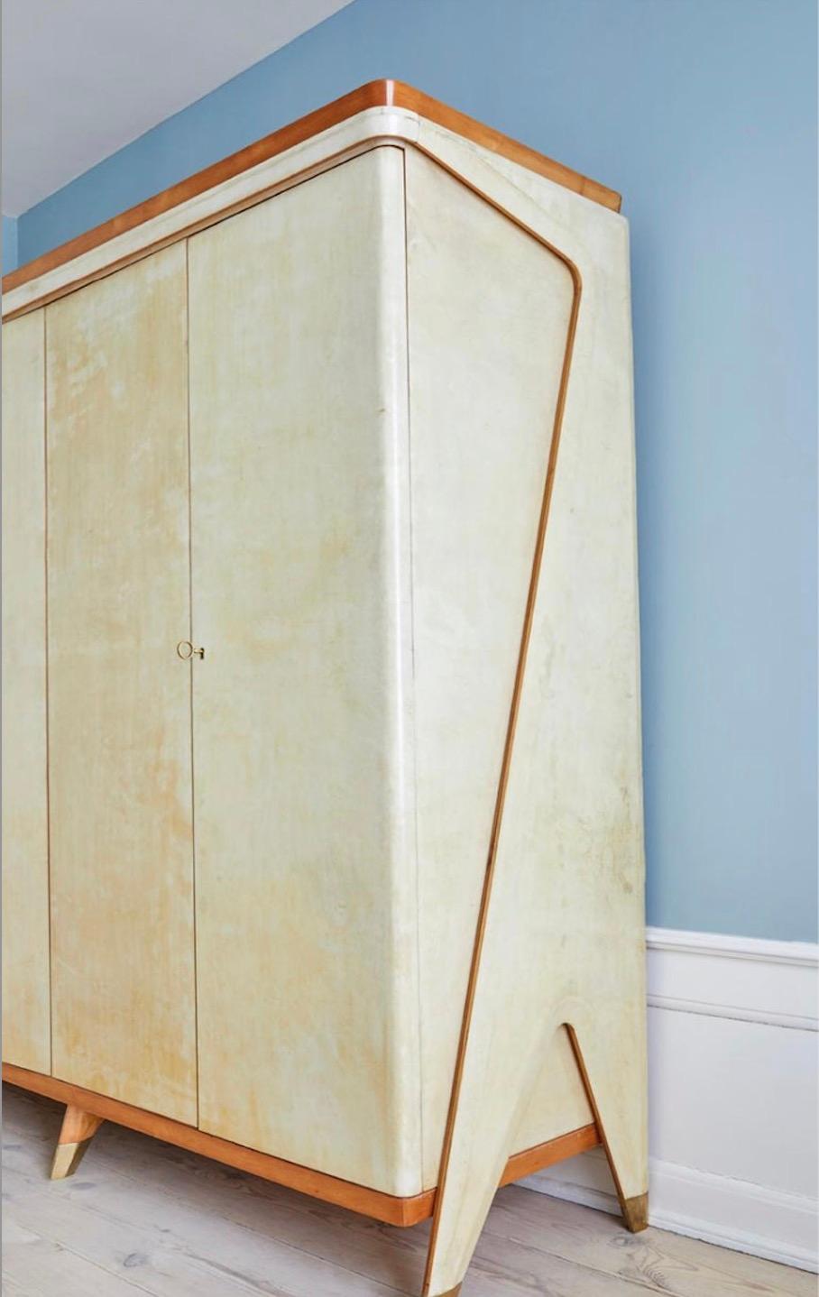 Vintage Parchment Cabinet with Wooden Molding and Brass Shoes, Itally, 1950s In Good Condition In Copenhagen K, DK