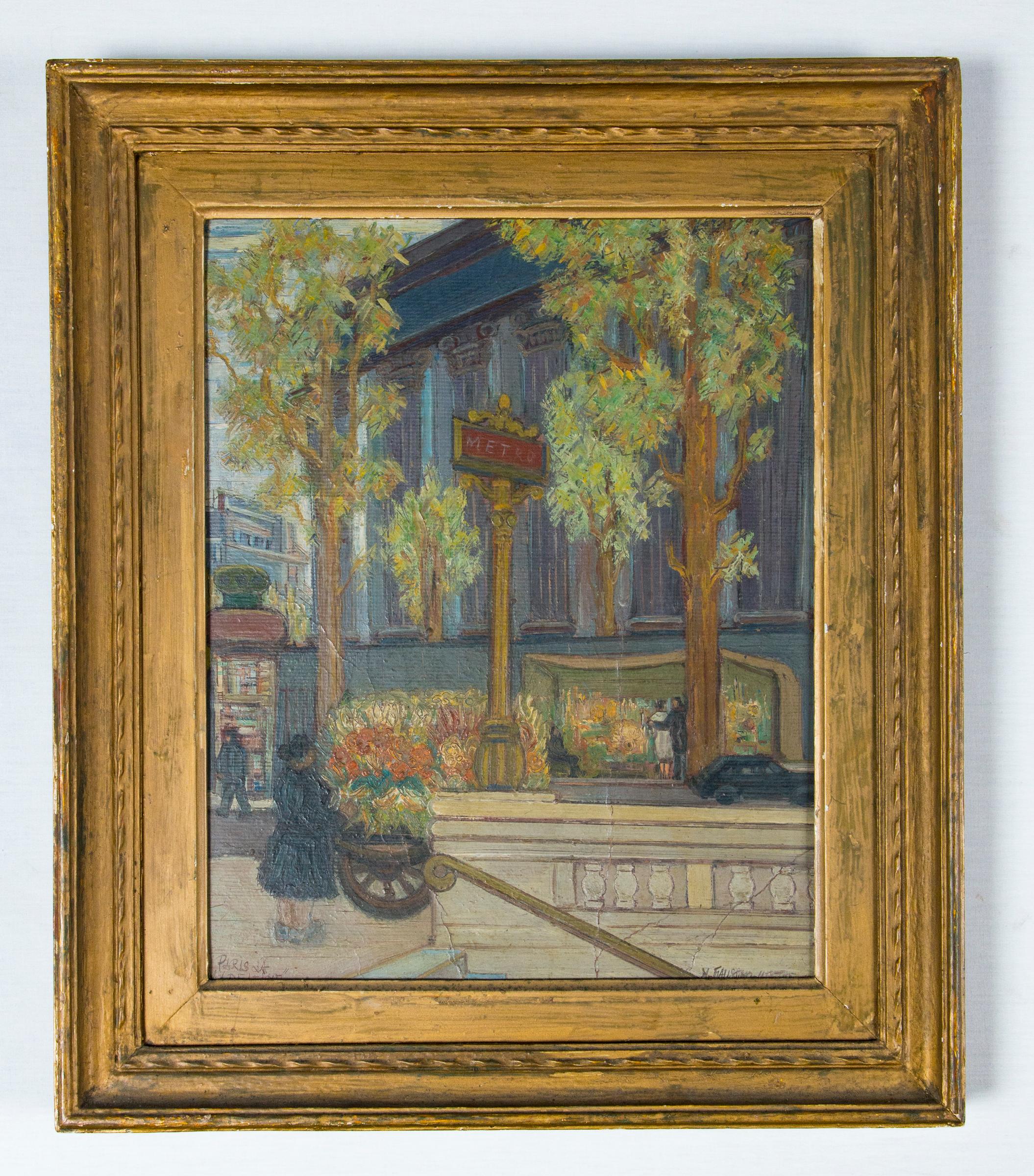 A fine midcentury Paris oil on board painting depicting the grand architecture with Parisians out and about. Signed and titled.