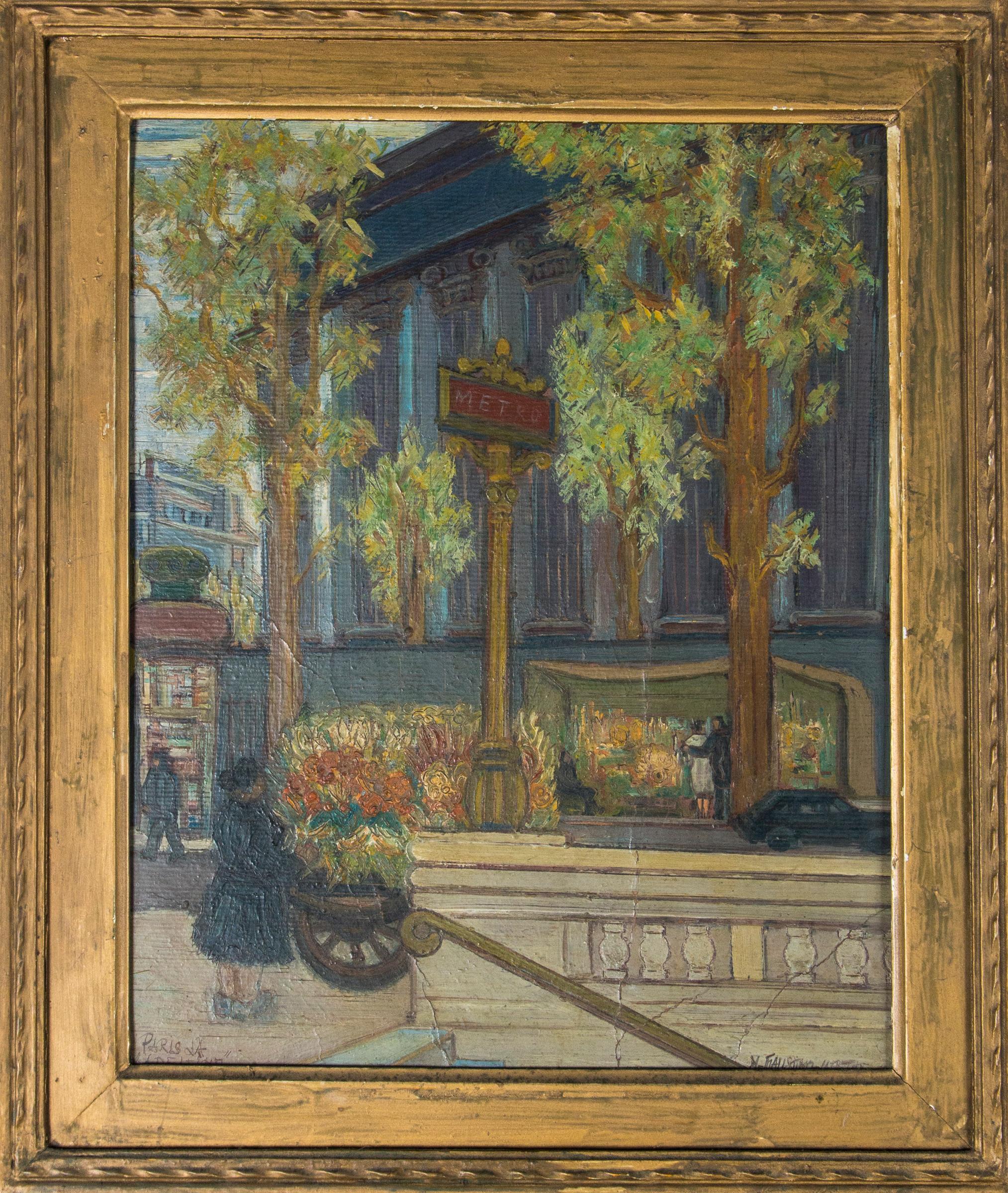 Vintage Paris France Street Scene Painting In Excellent Condition For Sale In Stamford, CT