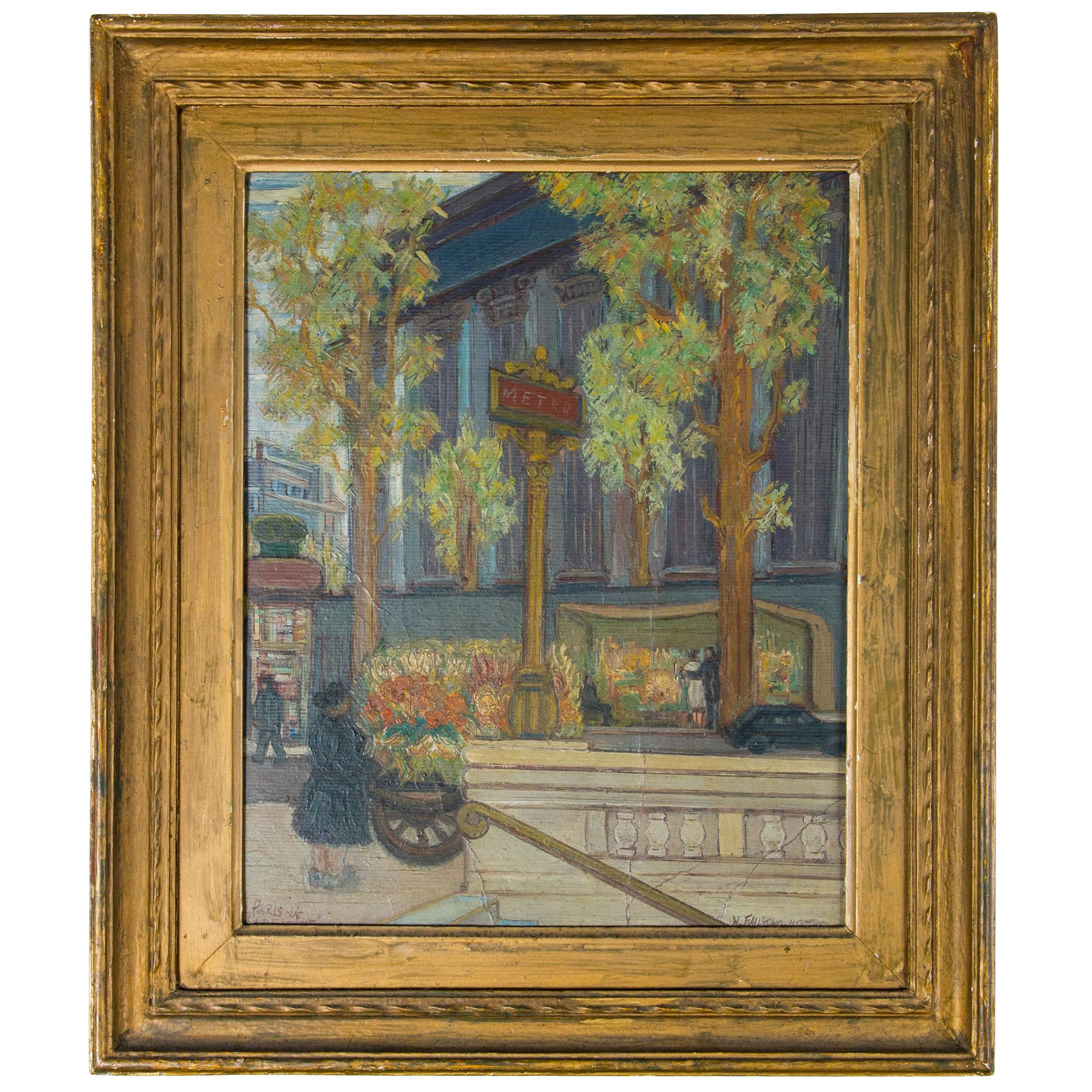 Vintage Paris France Street Scene Painting For Sale
