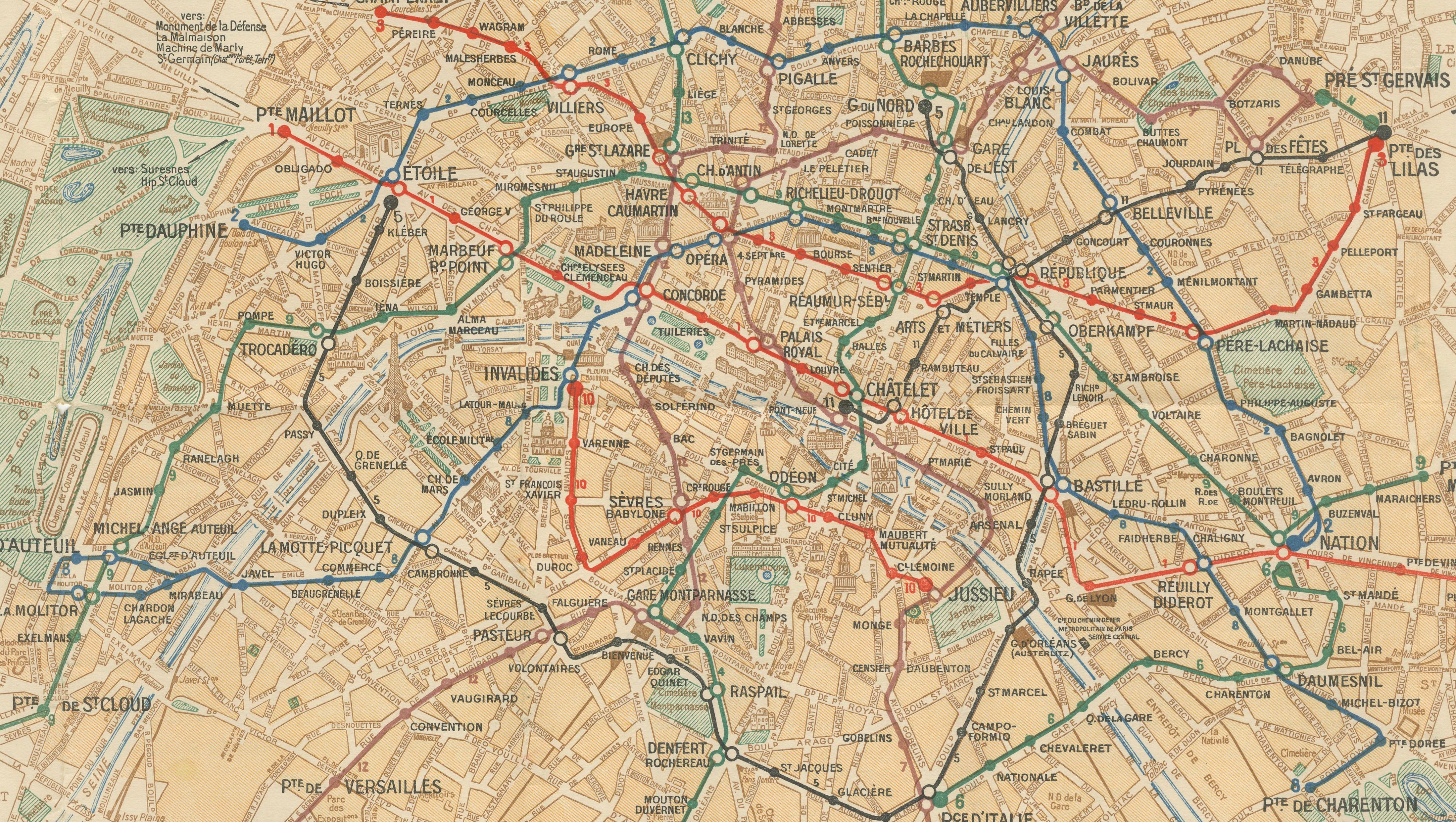 Vintage Paris Metro Map, Ligne 11 Opening, Art Deco Transit Plan, 1935
