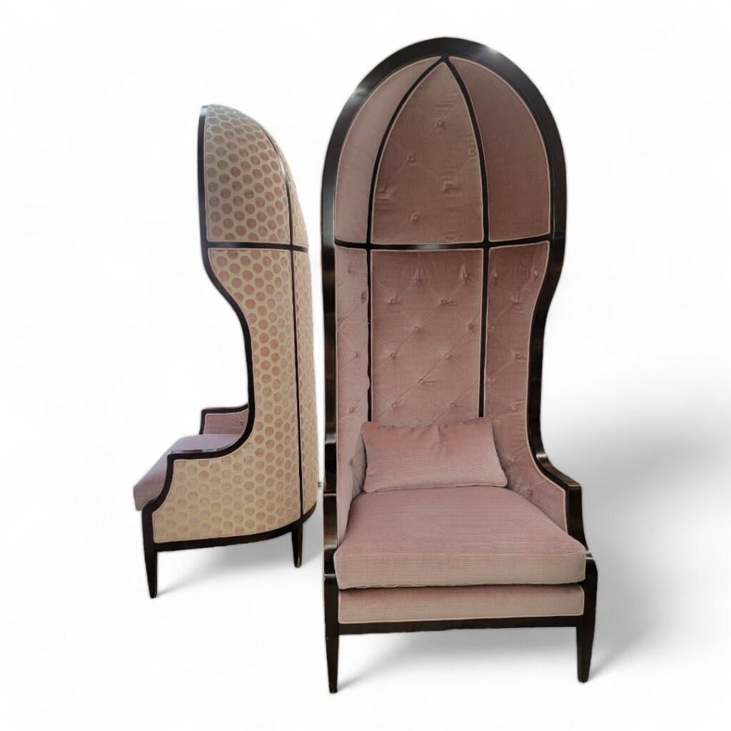 Vintage Parisian 7 Feet Tall Mahogany Canopy Parlor Chairs Newly Reupholstered in Pink Mohair and Velvet Chenille - Pair

Immerse yourself in the timeless charm of these exquisite vintage Parisian canopy parlor chairs. Standing at an impressive 7
