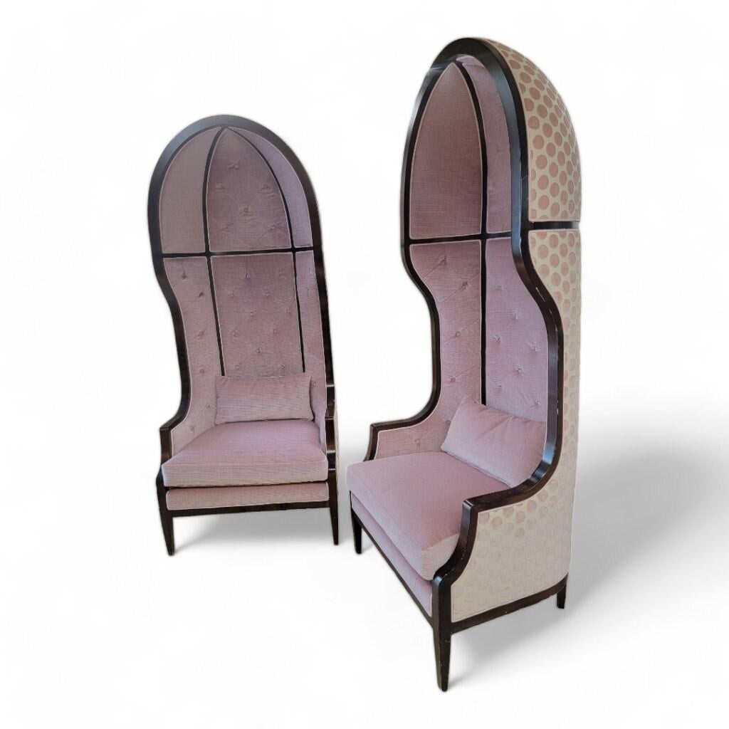 French Provincial Vintage Parisian 7 Feet Mahogany Canopy Parlor Chairs Newly Reupholstered - Pair For Sale
