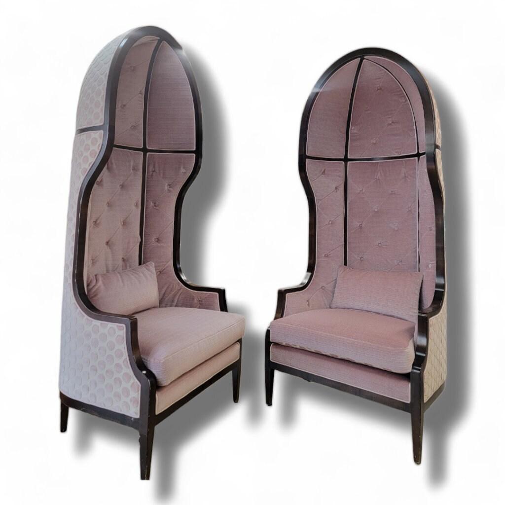 Hand-Crafted Vintage Parisian 7 Feet Mahogany Canopy Parlor Chairs Newly Reupholstered - Pair For Sale
