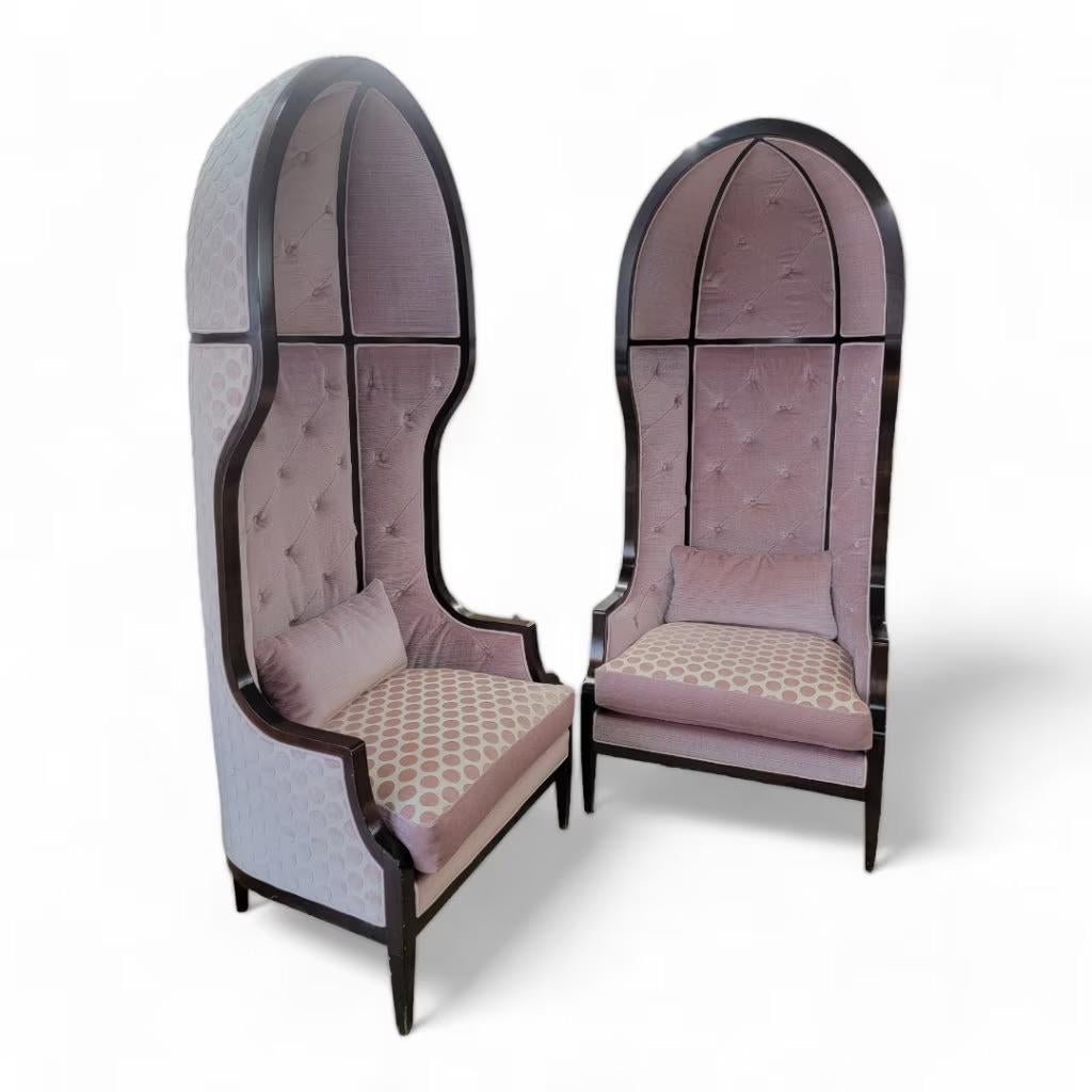 Vintage Parisian 7 Feet Mahogany Canopy Parlor Chairs Newly Reupholstered - Pair In Good Condition For Sale In Chicago, IL