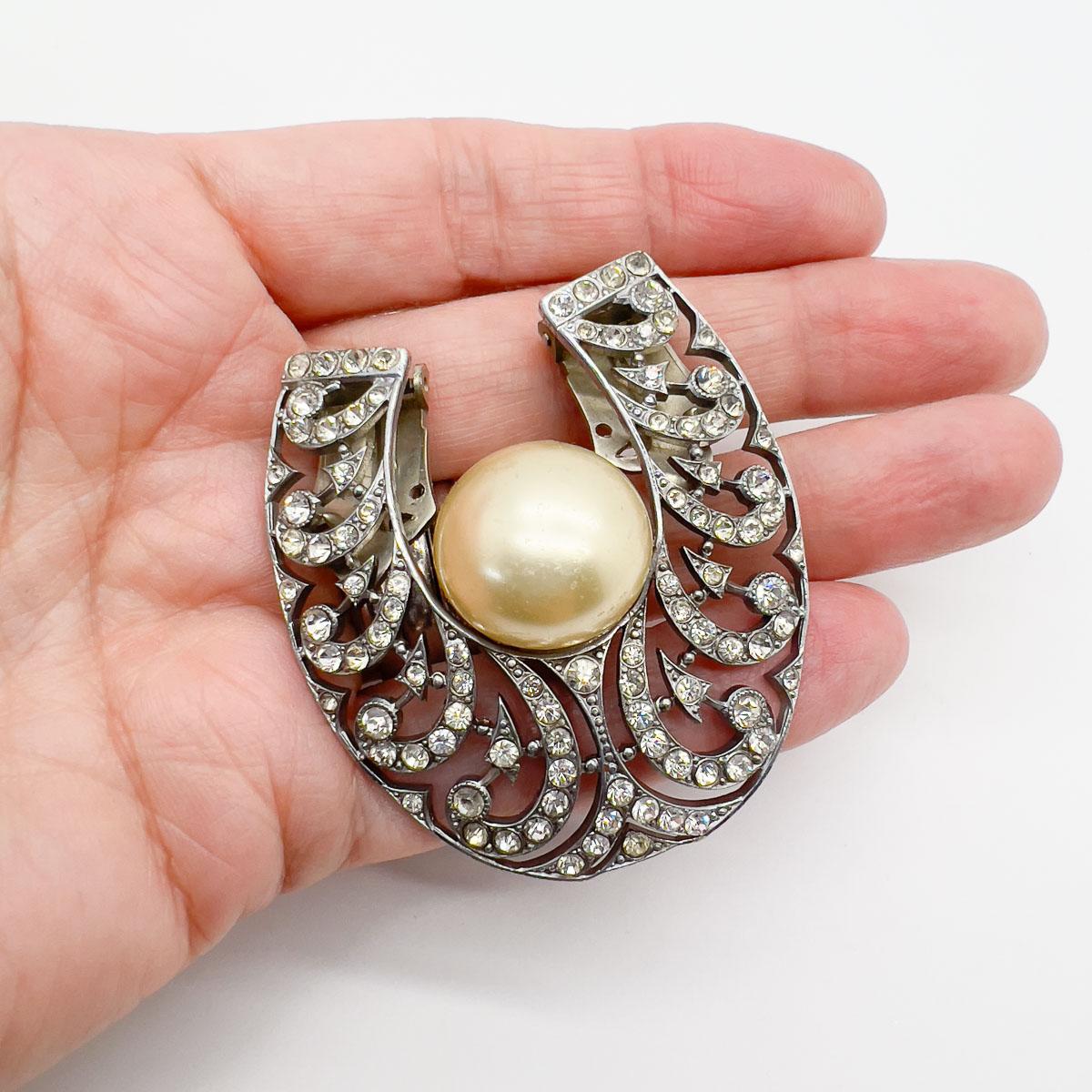Vintage Parisian Art Deco Paste & Pearl Horseshoe Dress Clip 1930s In Good Condition For Sale In Wilmslow, GB