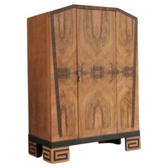 Vintage Parisian Art Deco Walnut Burl Cabinet with Greek Key Feet