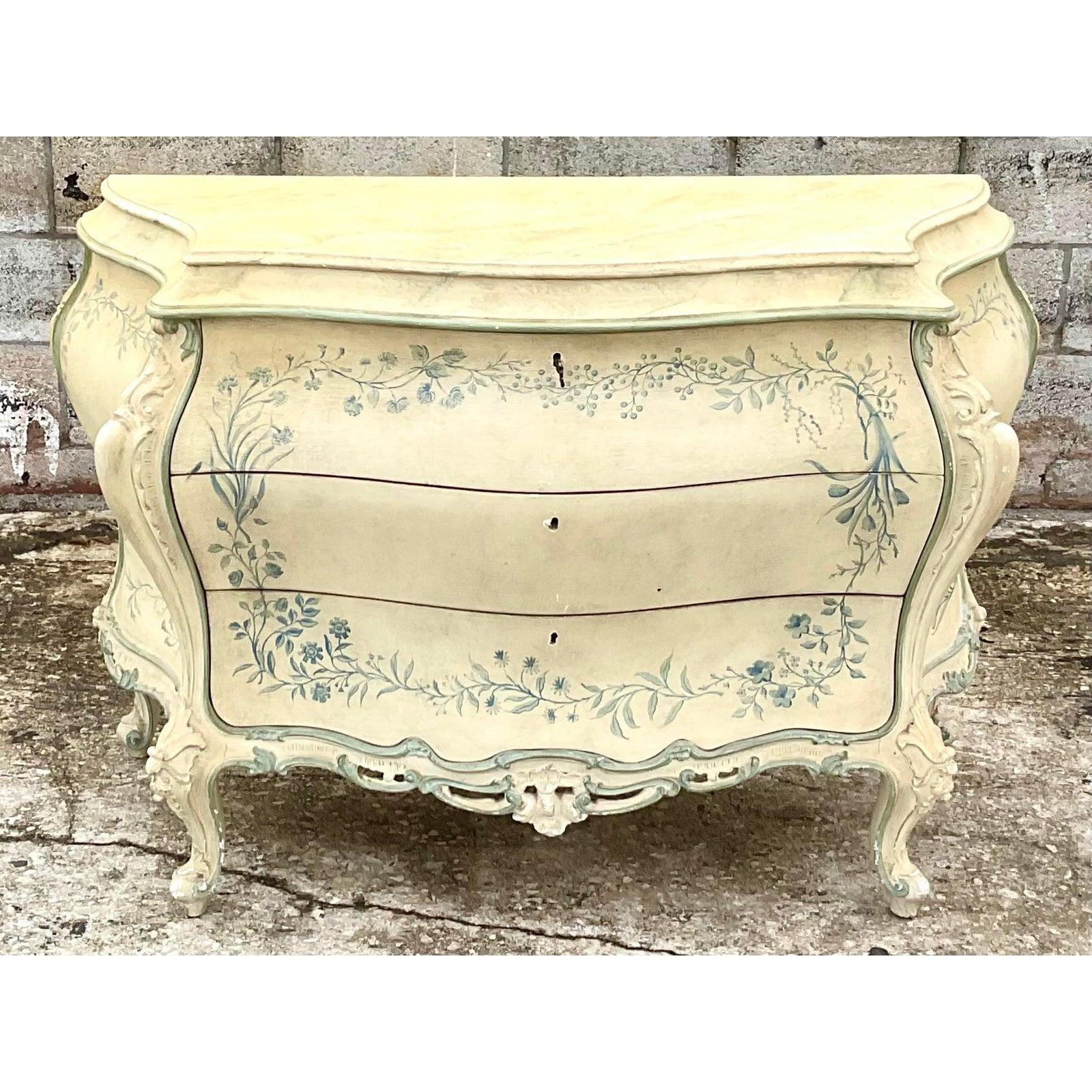 Regency Vintage Parisian Chic Hand Painted Bombe Chest