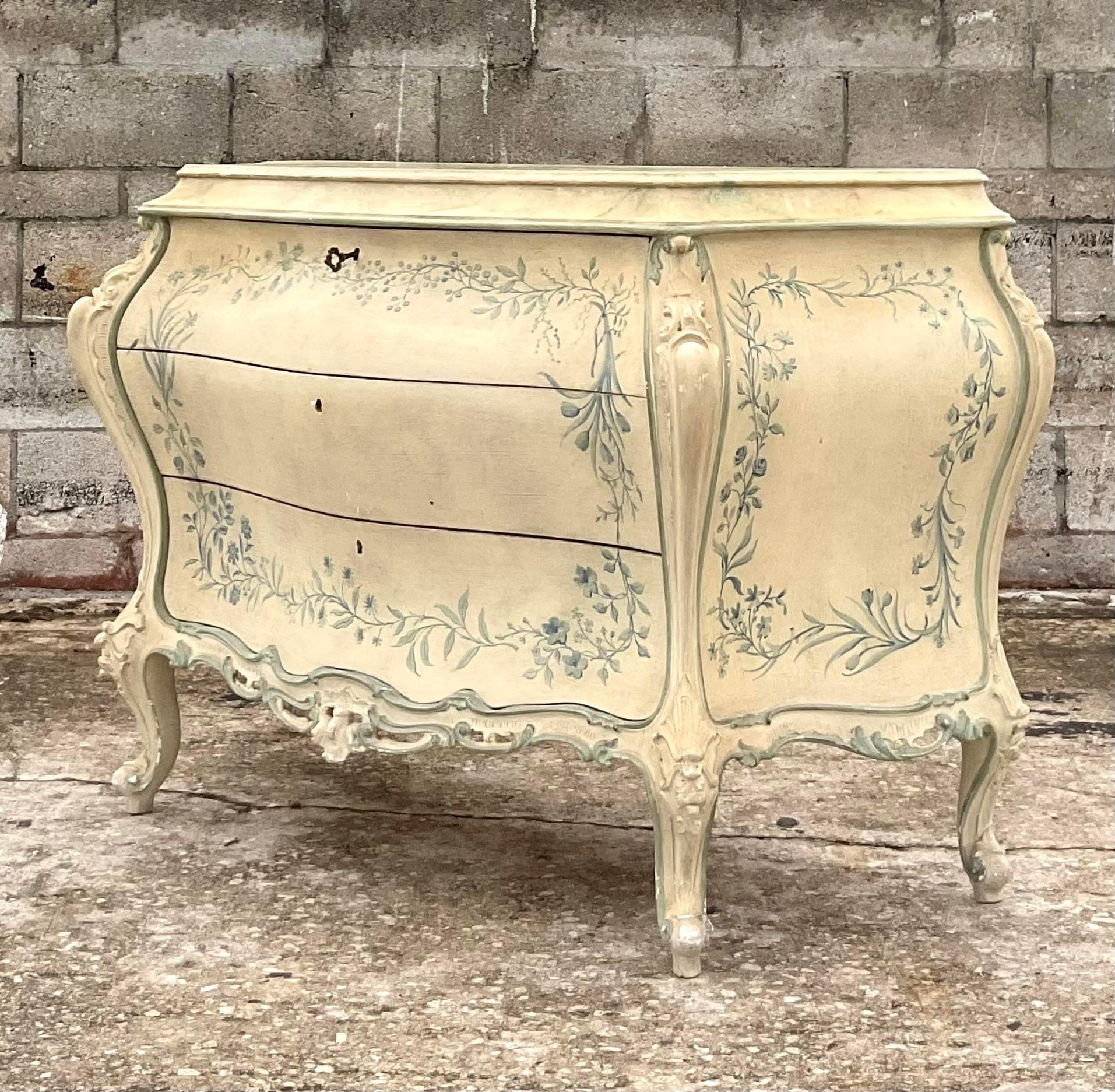 North American Vintage Parisian Chic Hand Painted Bombe Chest