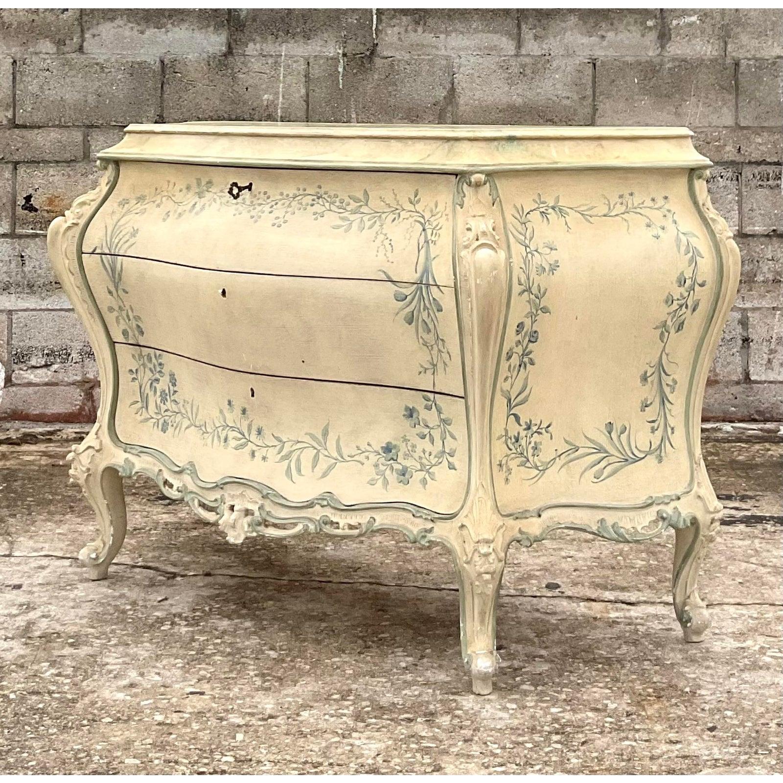Vintage Parisian Chic Hand Painted Bombe Chest In Good Condition In west palm beach, FL