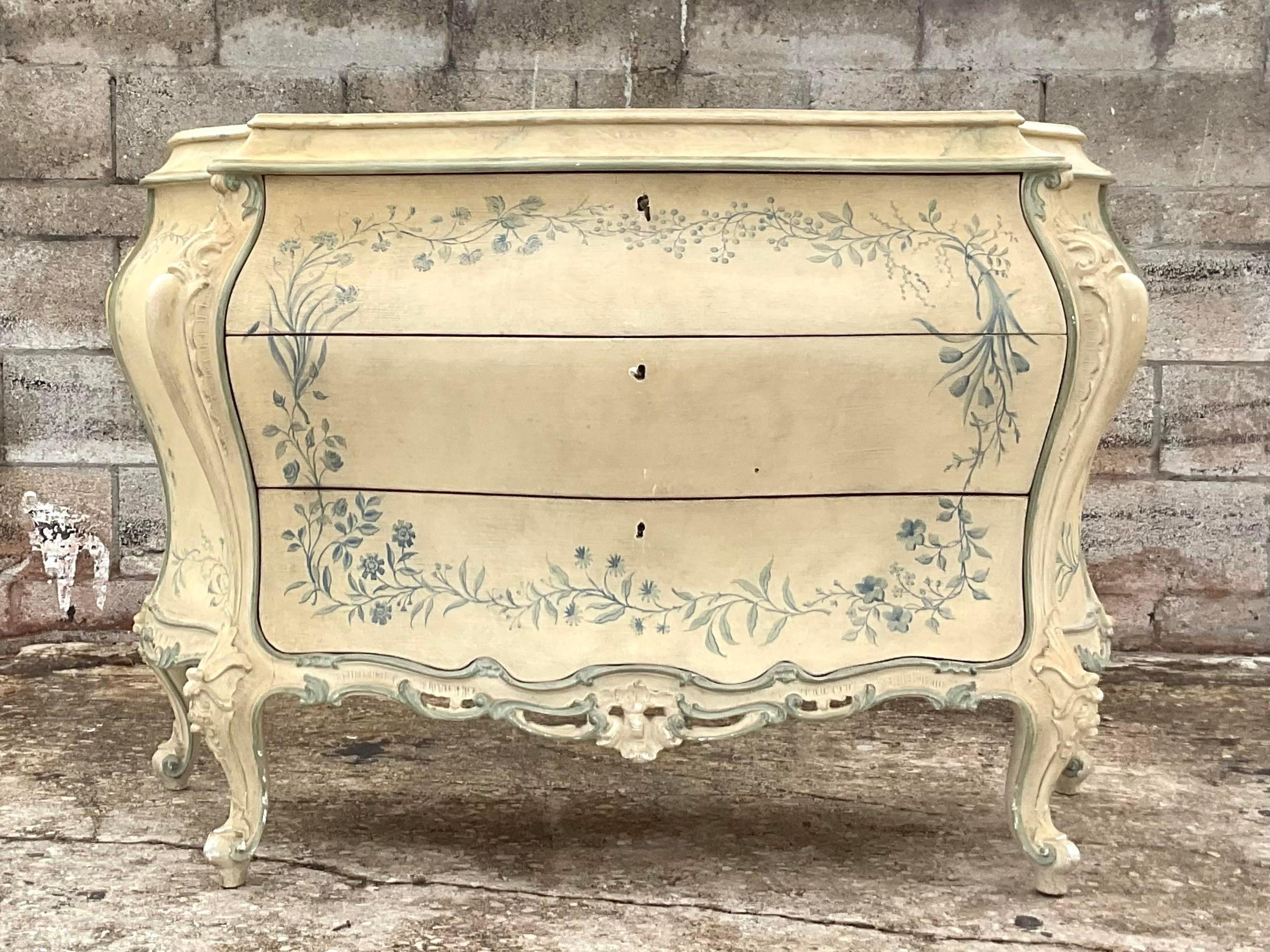Wood Vintage Parisian Chic Hand Painted Bombe Chest