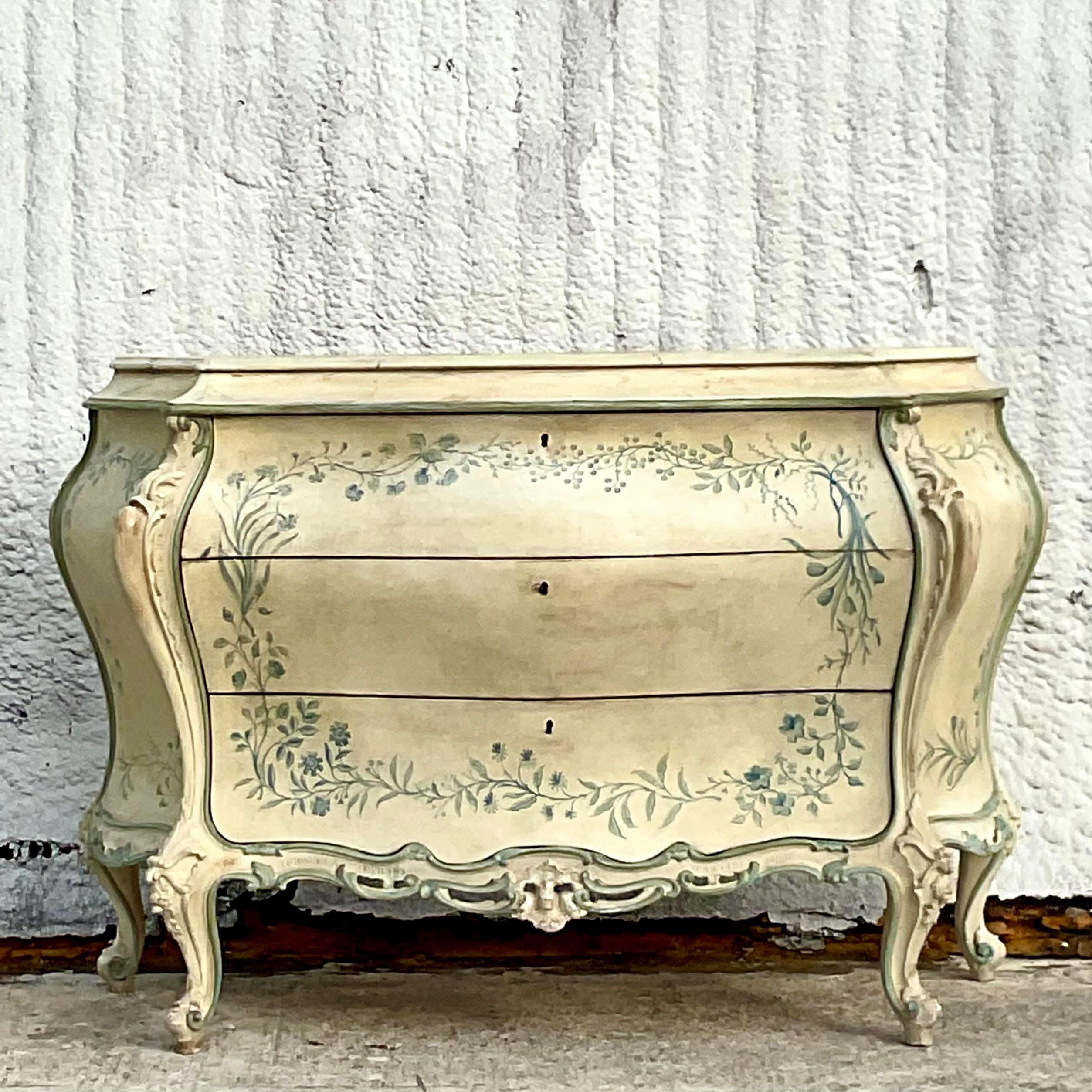 Vintage Parisian Chic Hand Painted Bombe Chest 1