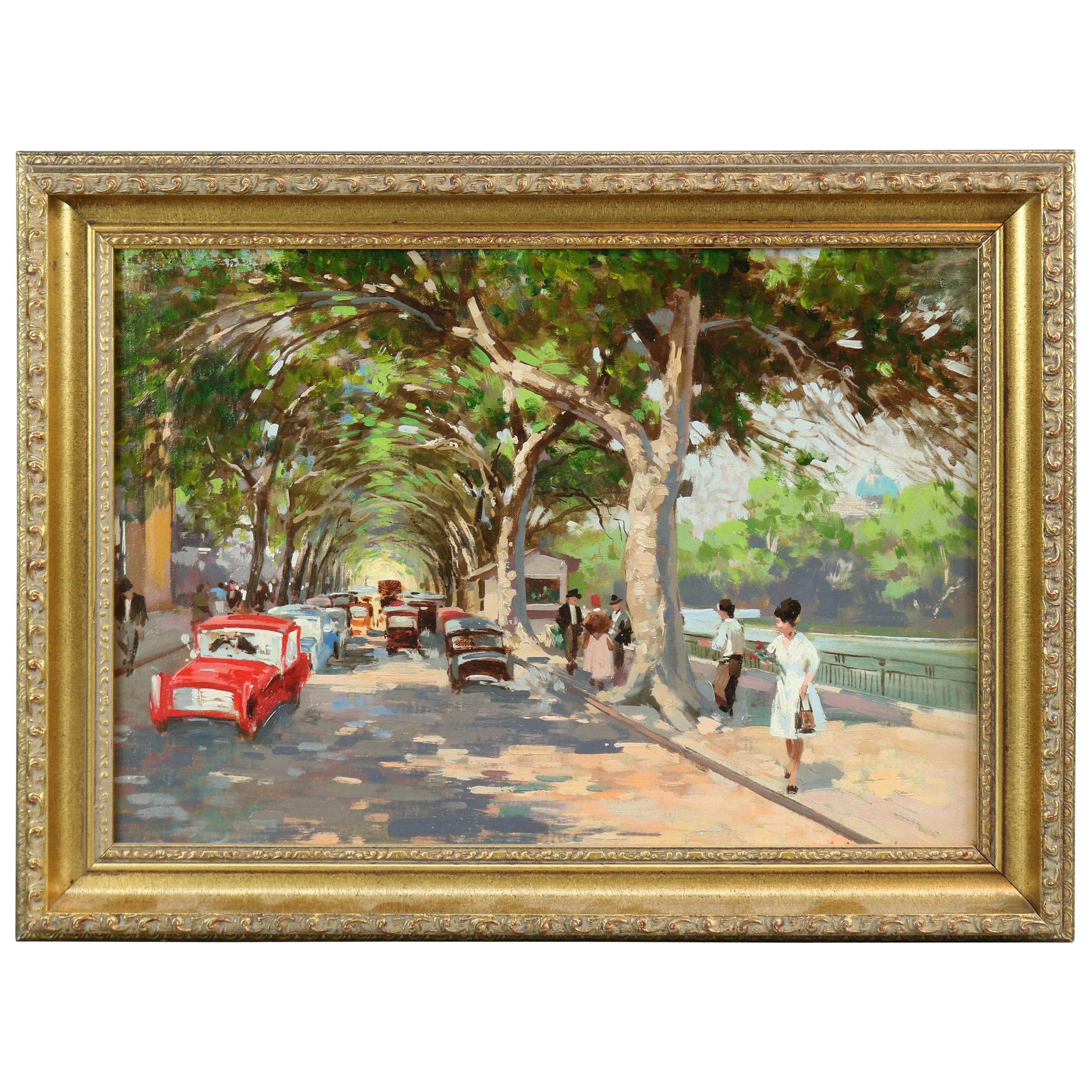French Impressionistic Parisian Oil Painting of Left Bank Street Scene, 20th C