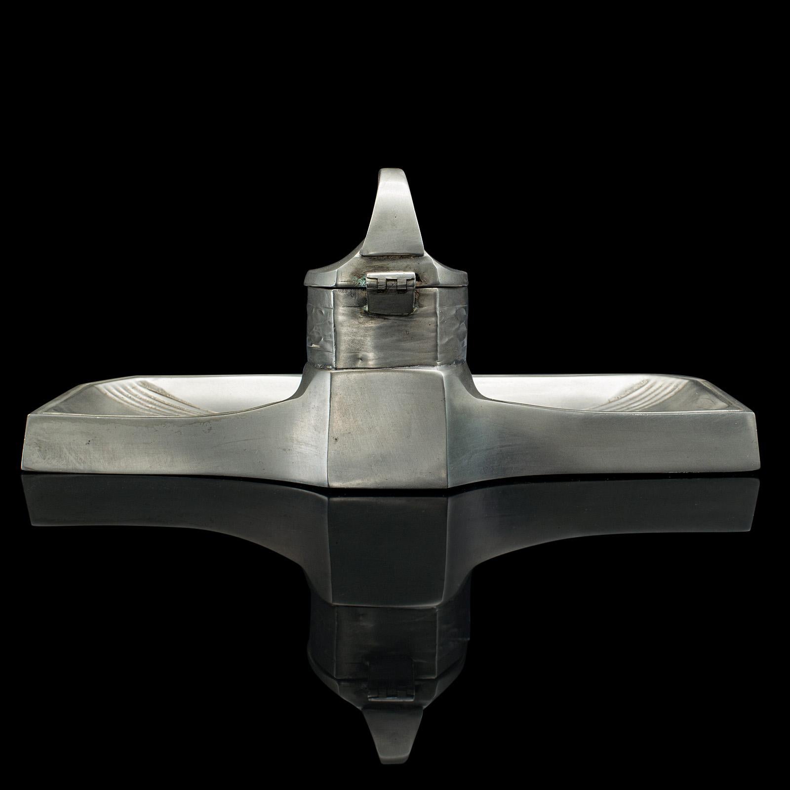 Ottone Vassoio porta inchiostro parigino d'epoca, francese, ottone peltro, calamaio da tavolo, Art Deco, 1930 in vendita