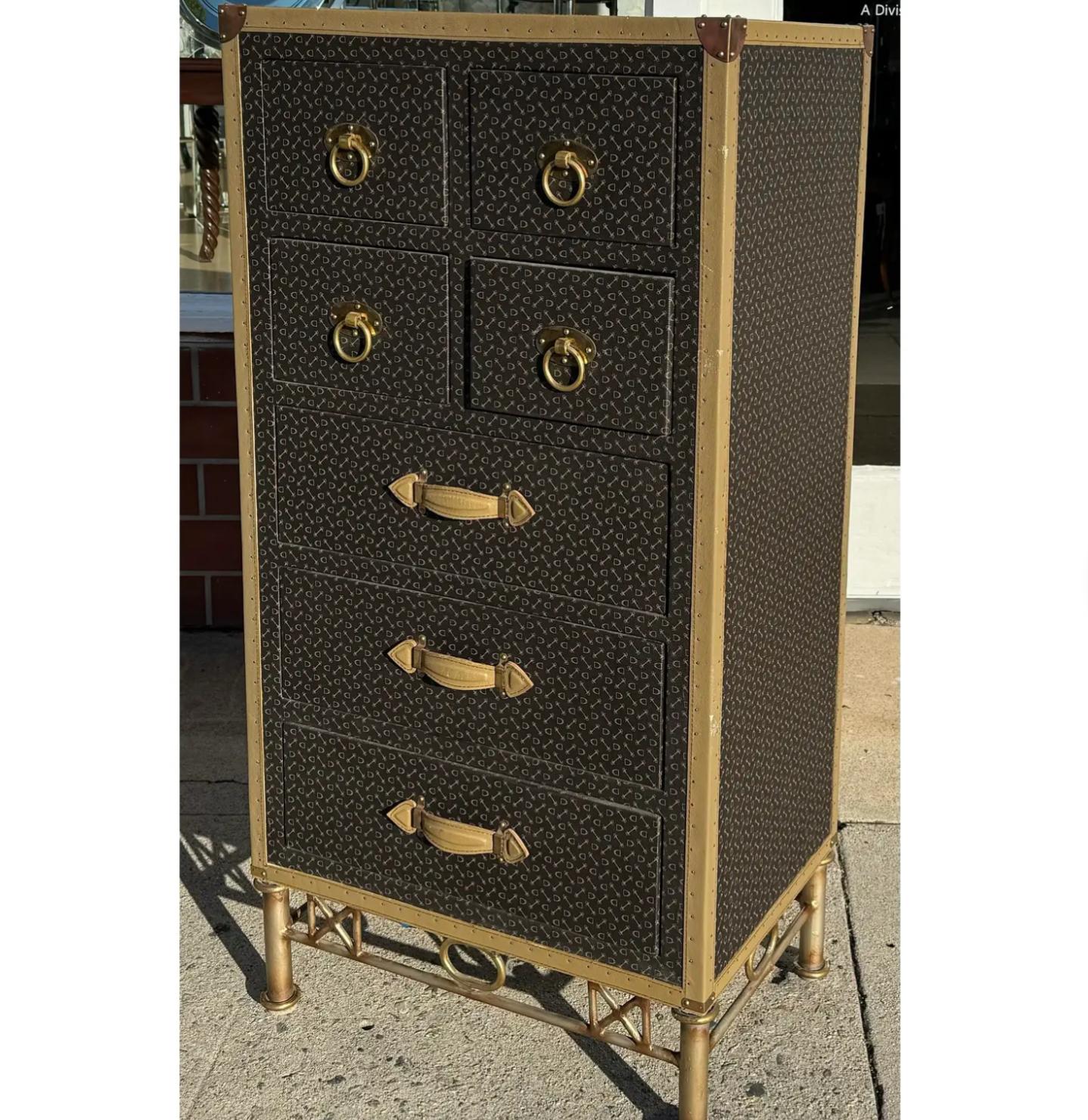 French Vintage Parisian Leather Clad Luggage Trunk Chest of Drawers For Sale