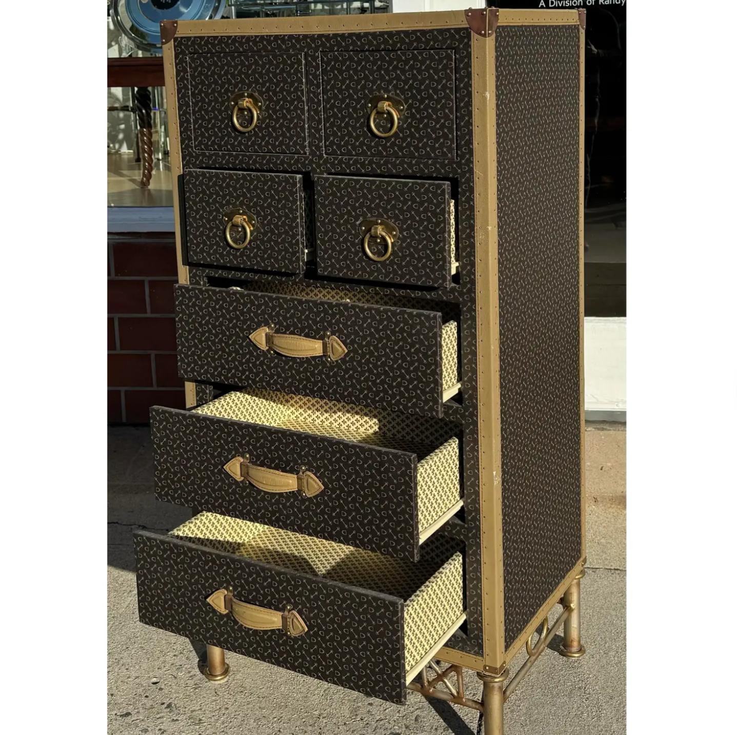 Vintage Parisian Leather Clad Luggage Trunk Chest of Drawers In Good Condition For Sale In LOS ANGELES, CA