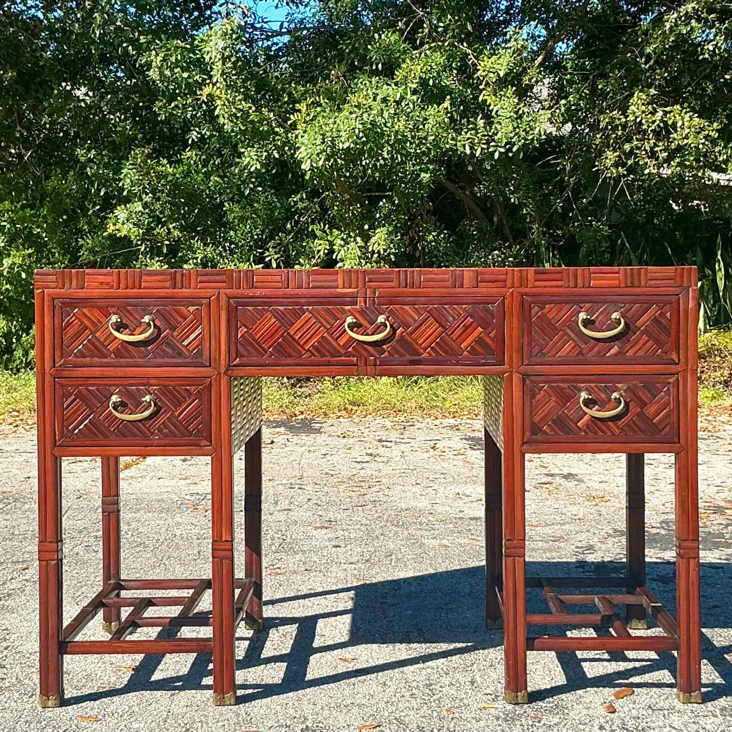 American Vintage Parquet Hardwood Executive Desk For Sale