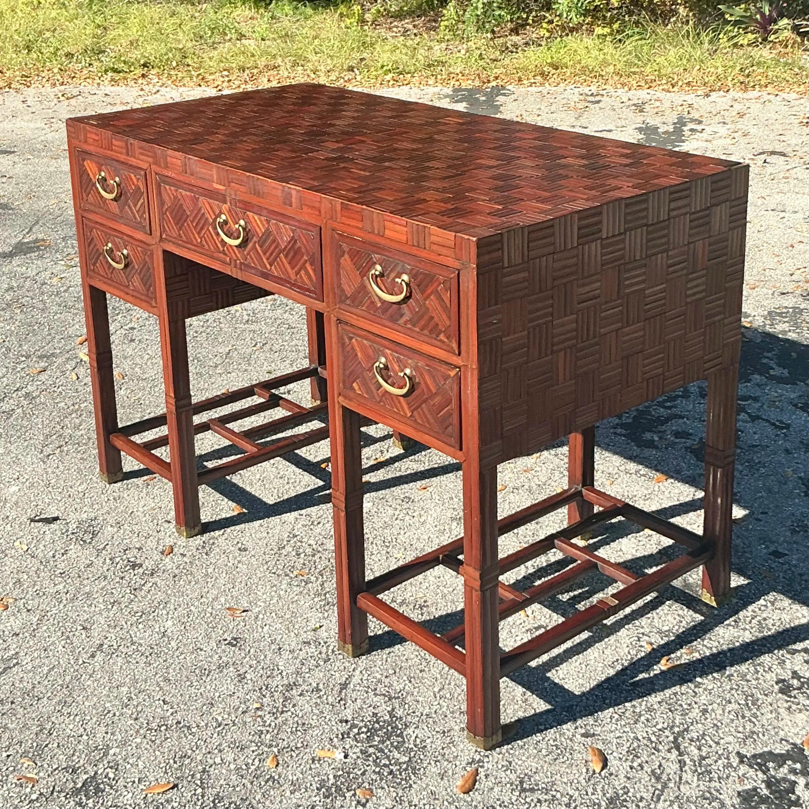 20th Century Vintage Parquet Hardwood Executive Desk For Sale