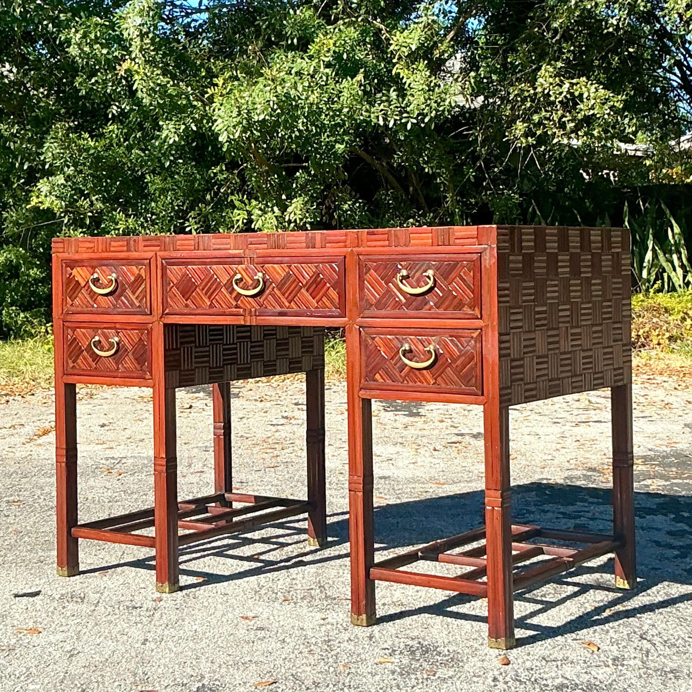 Wood Vintage Parquet Hardwood Executive Desk For Sale