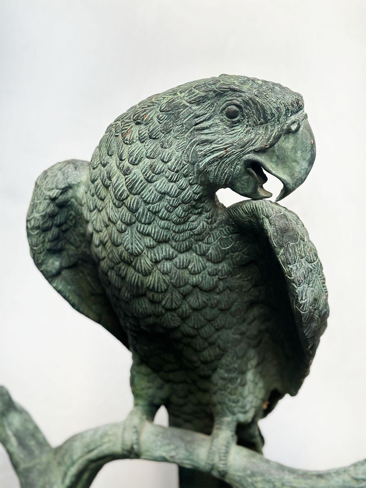 French Vintage Parrot Bronze Sculpture w/ Green Patina After J. Moigniez For Sale