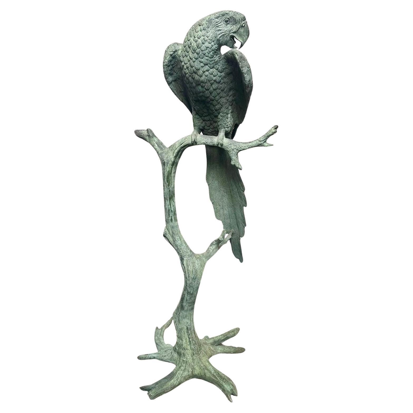 Vintage Parrot Bronze Sculpture w/ Green Patina After J. Moigniez