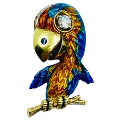 Vintage Parrot Brooch 14k Gold Diamond Enamel
