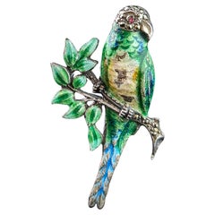 Vintage parrot brooch, Sterling silver, Enamel and Marcasite