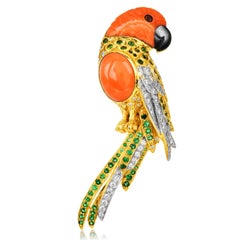 Vintage parrot Coral Tsaverite Diamond 18K Gold Bird Pin Brooch