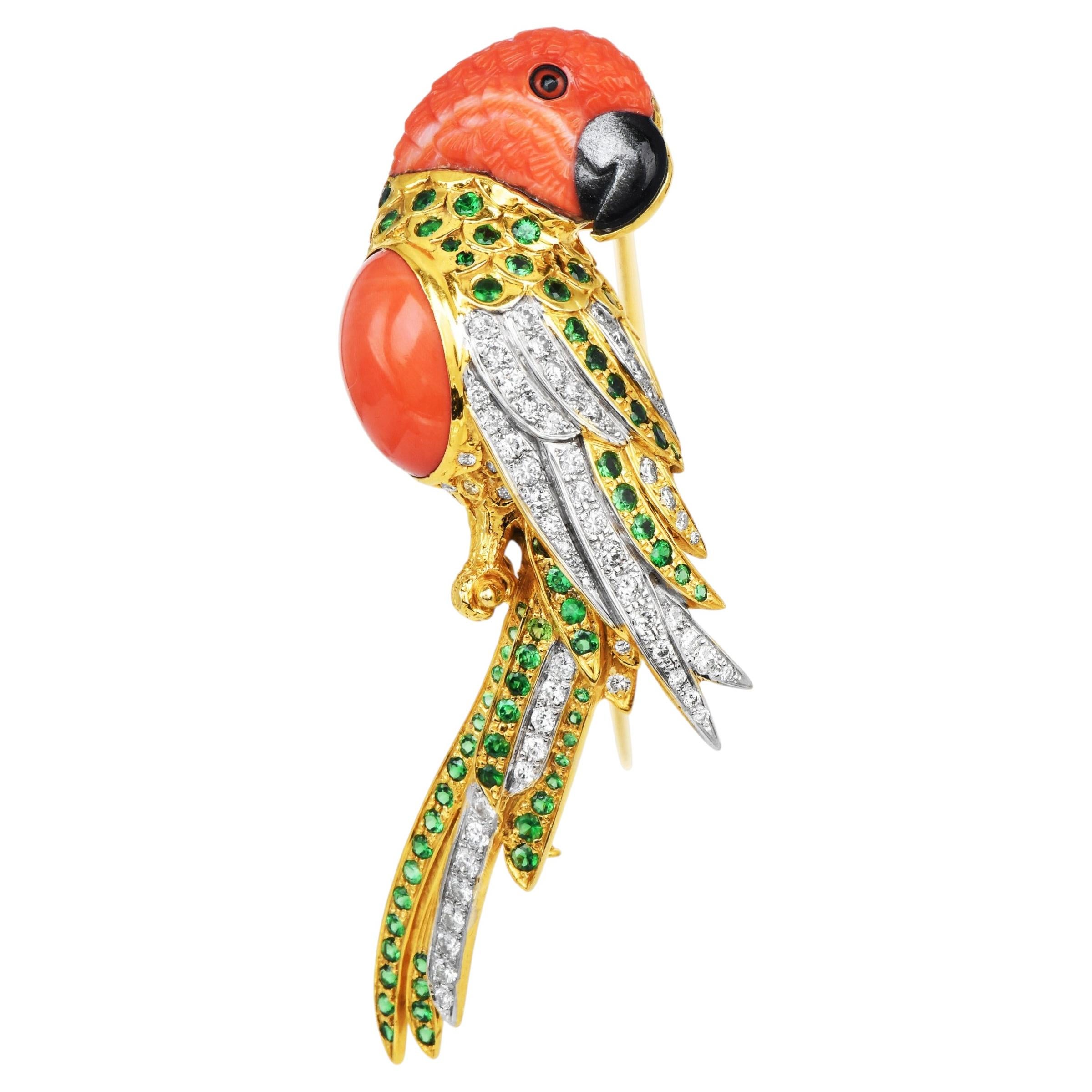 Vintage parrot Coral Tsaverite Diamond 18K Gold Bird Pin Brooch