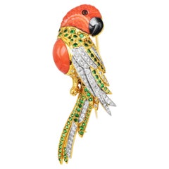 Vintage parrot Coral Tsaverite Diamond 18K Gold Bird Pin Brooch