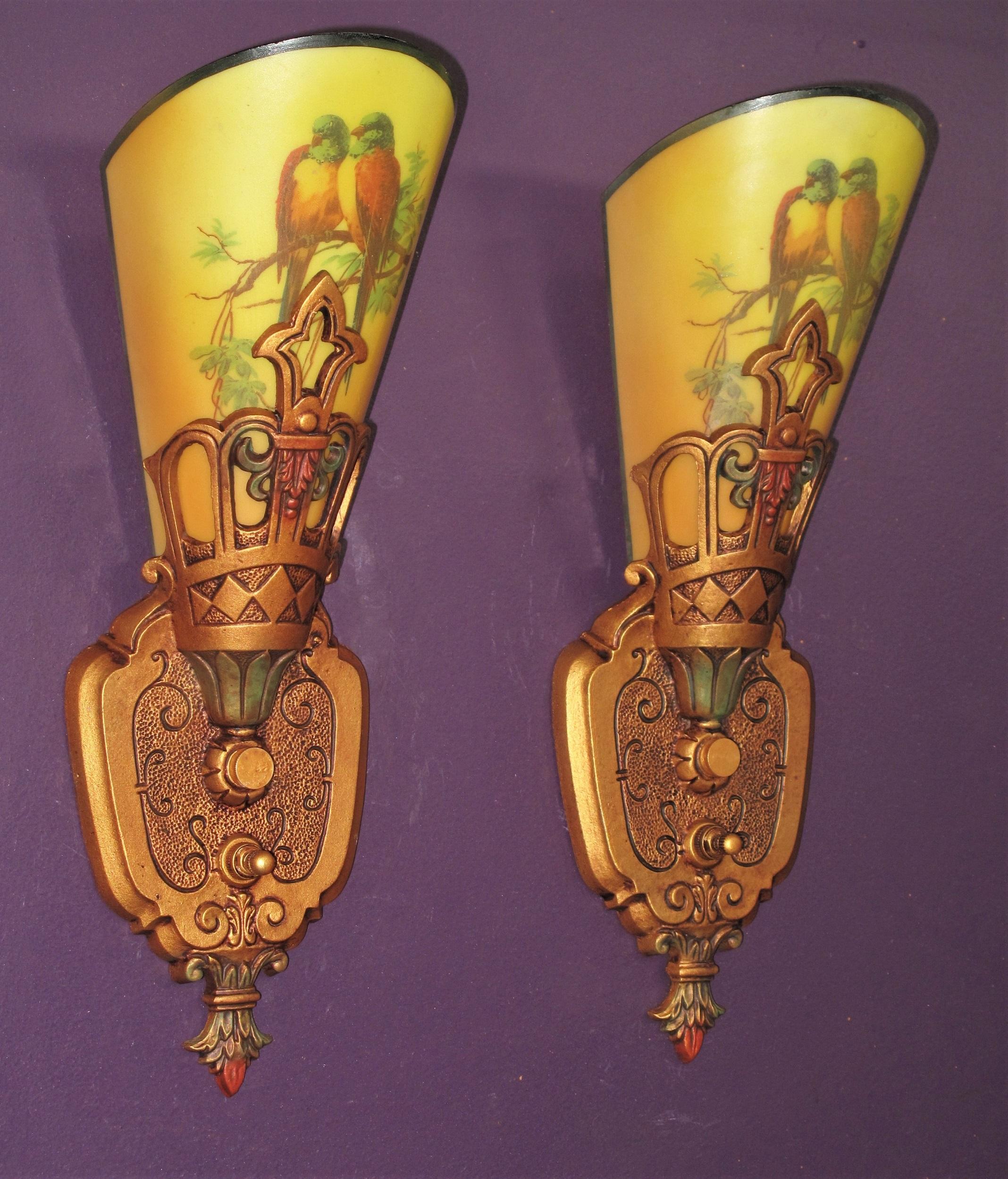 Painted SINGLE ONLY - Not a pair. Vintage Parrot Slip Shade Sconce, Late 1920s For Sale