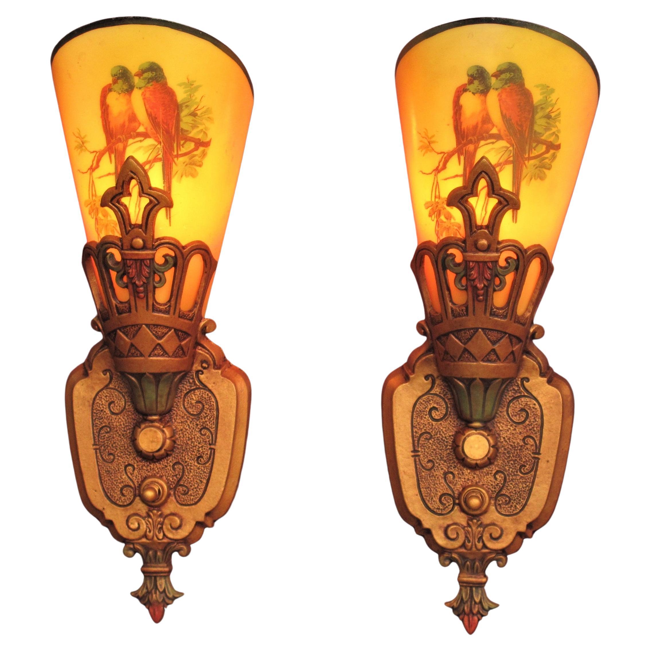 SINGLE ONLY - Not a pair. Vintage Parrot Slip Shade Sconce, Late 1920s For Sale