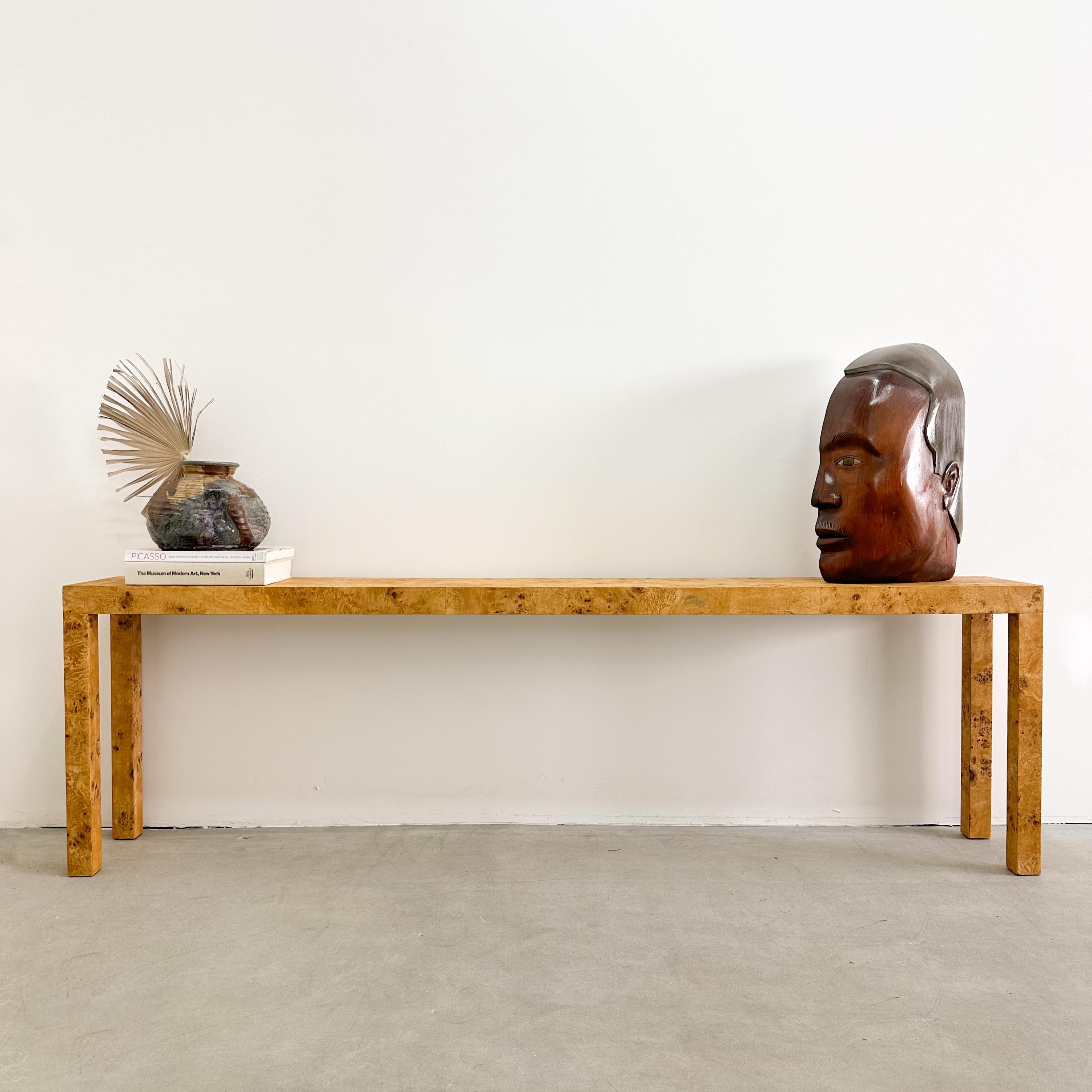 Vintage 70s Parsons Mappa Burlwood Console.

Color: Natural golden burl.  

Measurements: 
Width: 83 3/4