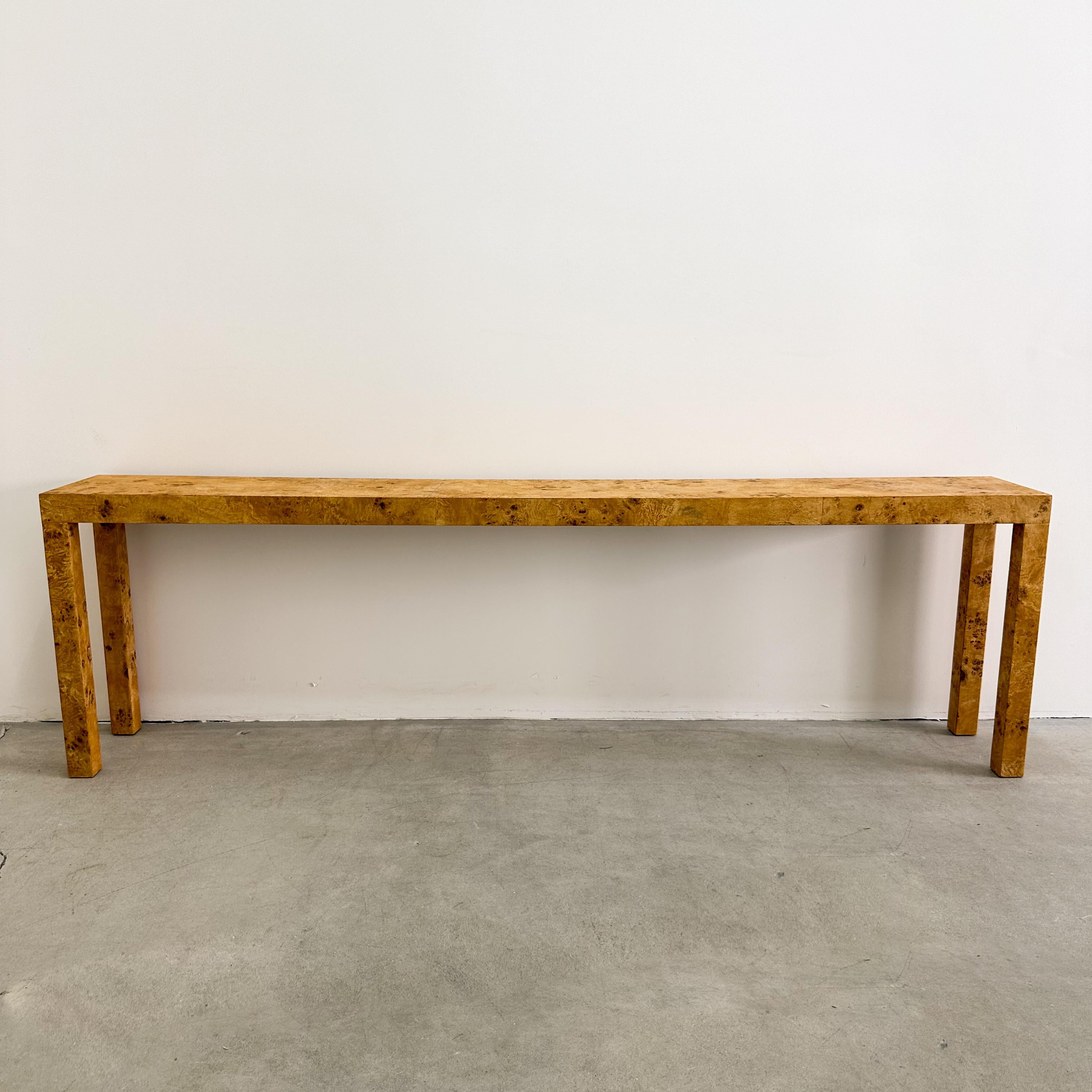 Unknown Vintage Parsons Burlwood Console Sofa Table Entryway Table MCM 1970s