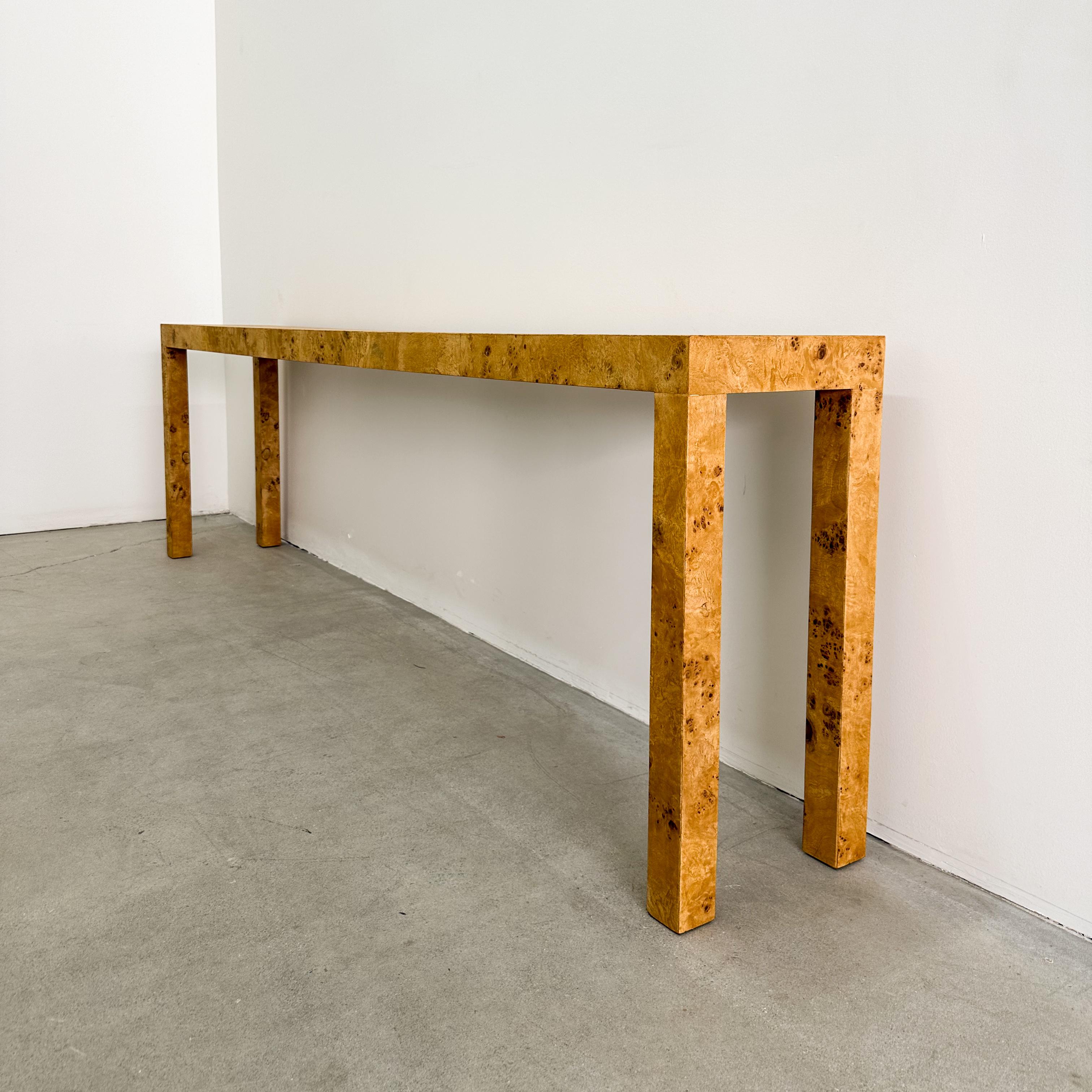 Vintage Parsons Burlwood Console Sofa Table Entryway Table MCM 1970s In Good Condition In Palm Desert, CA