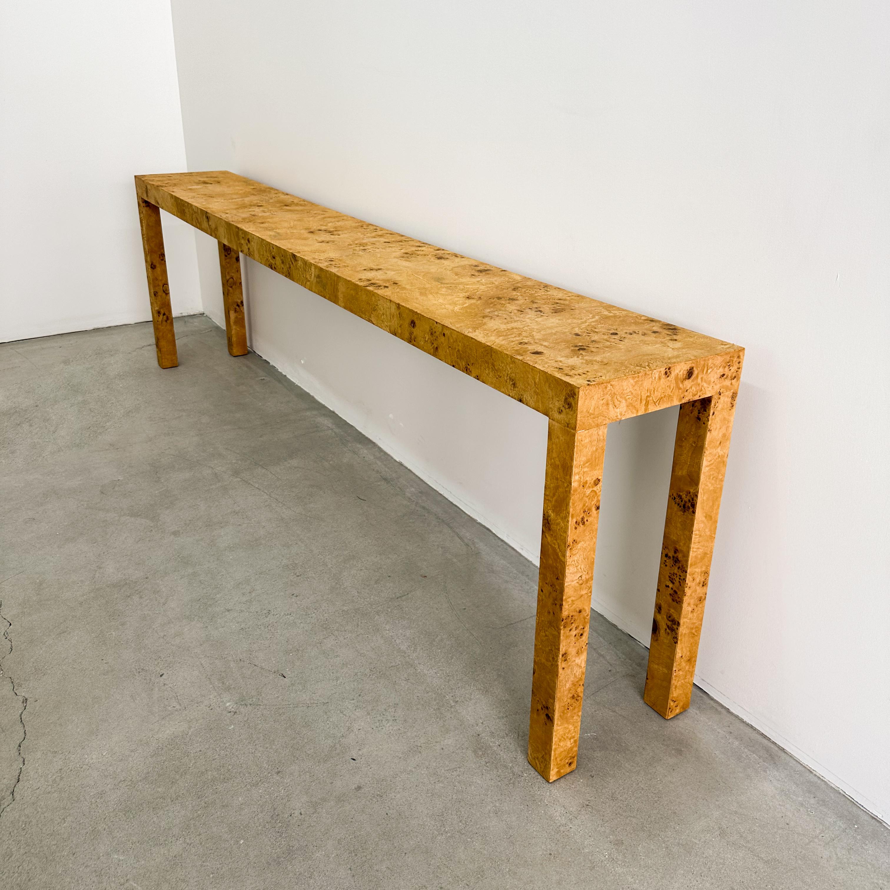 20th Century Vintage Parsons Burlwood Console Sofa Table Entryway Table MCM 1970s