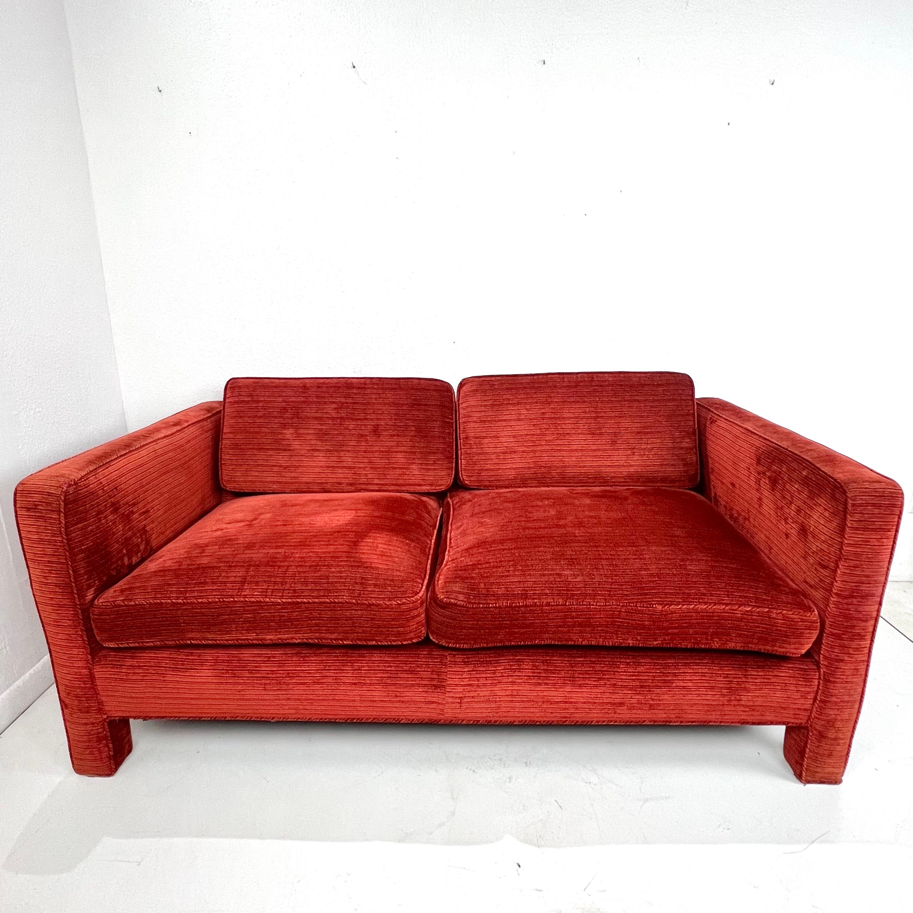 Upholstery Vintage Parsons Loveseat in the Style of Milo Baughman