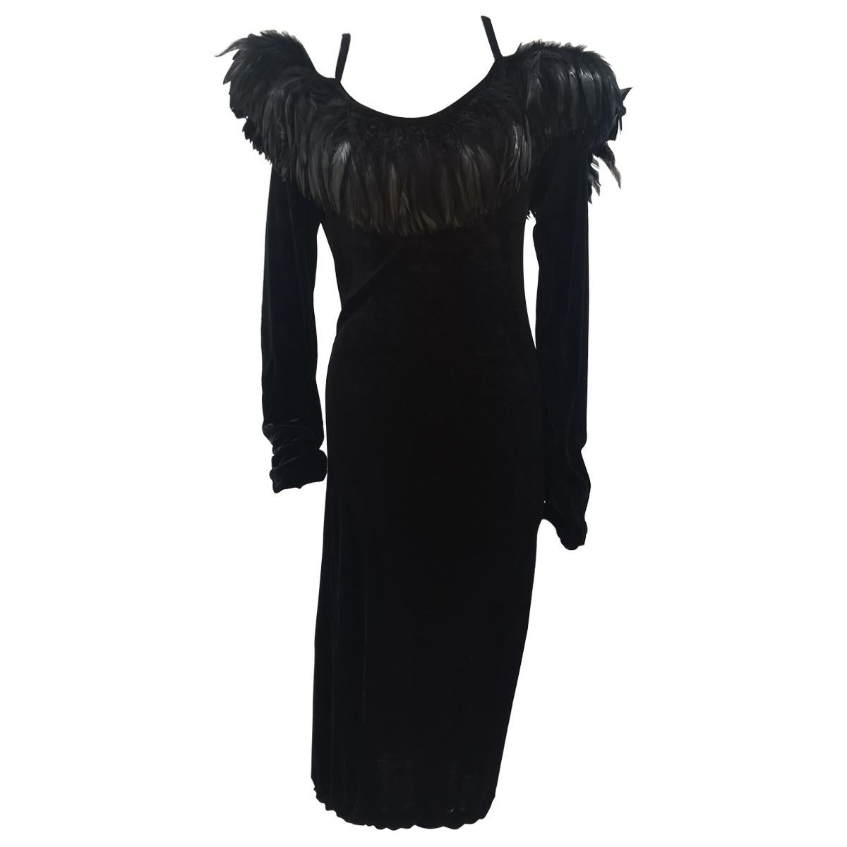 Vintage P.A.R.S.O.S.H black velvet feathers long dress at 1stDibs