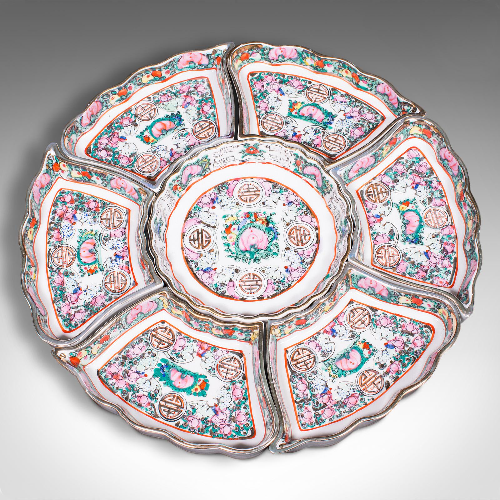 20th Century Vintage Party Serving Turntable, Chinese, Ceramic, Dish Set, Lazy Susan, C.1970