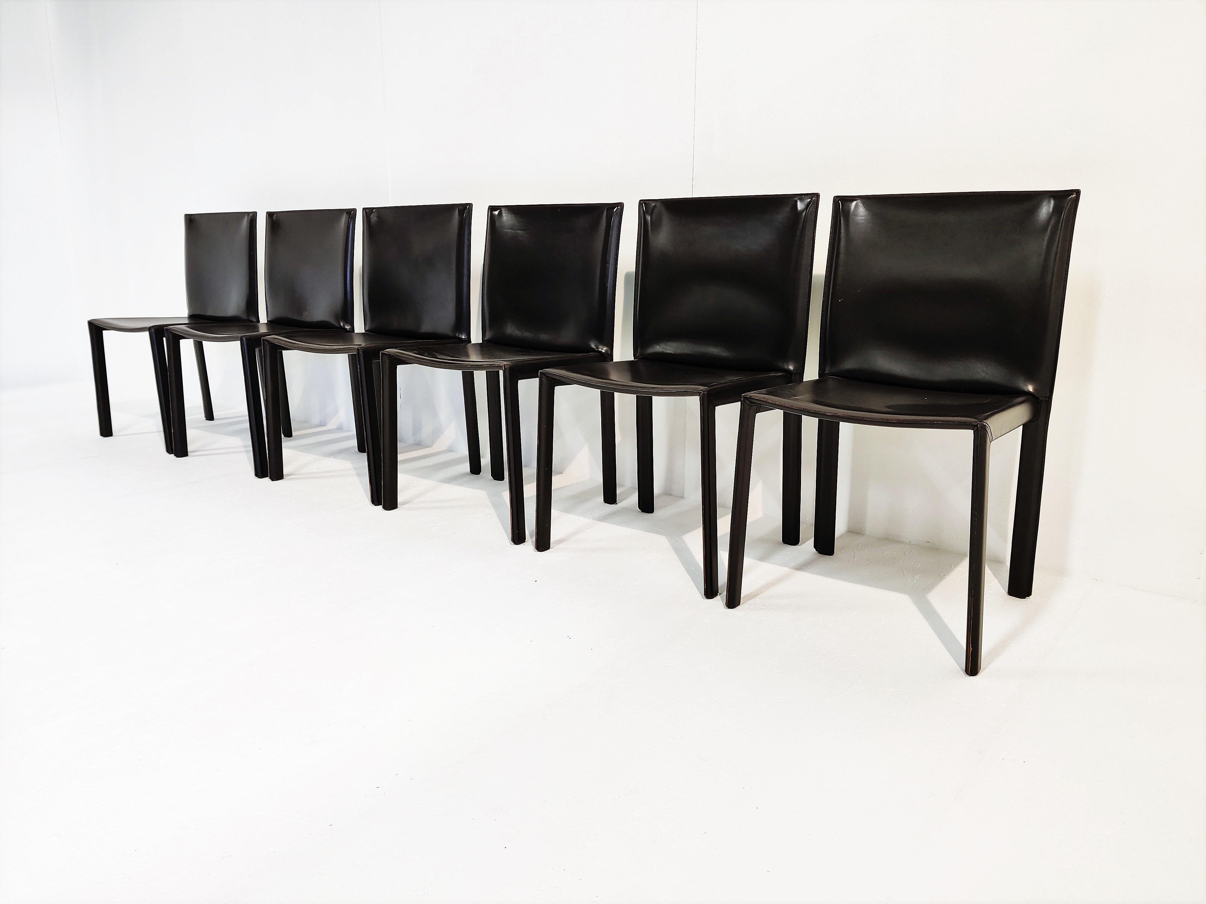 Mid-Century Modern Vintage Pasqualine Leather Dining Chairs by Enrico Pellizzoni, 1980s, Set of 6