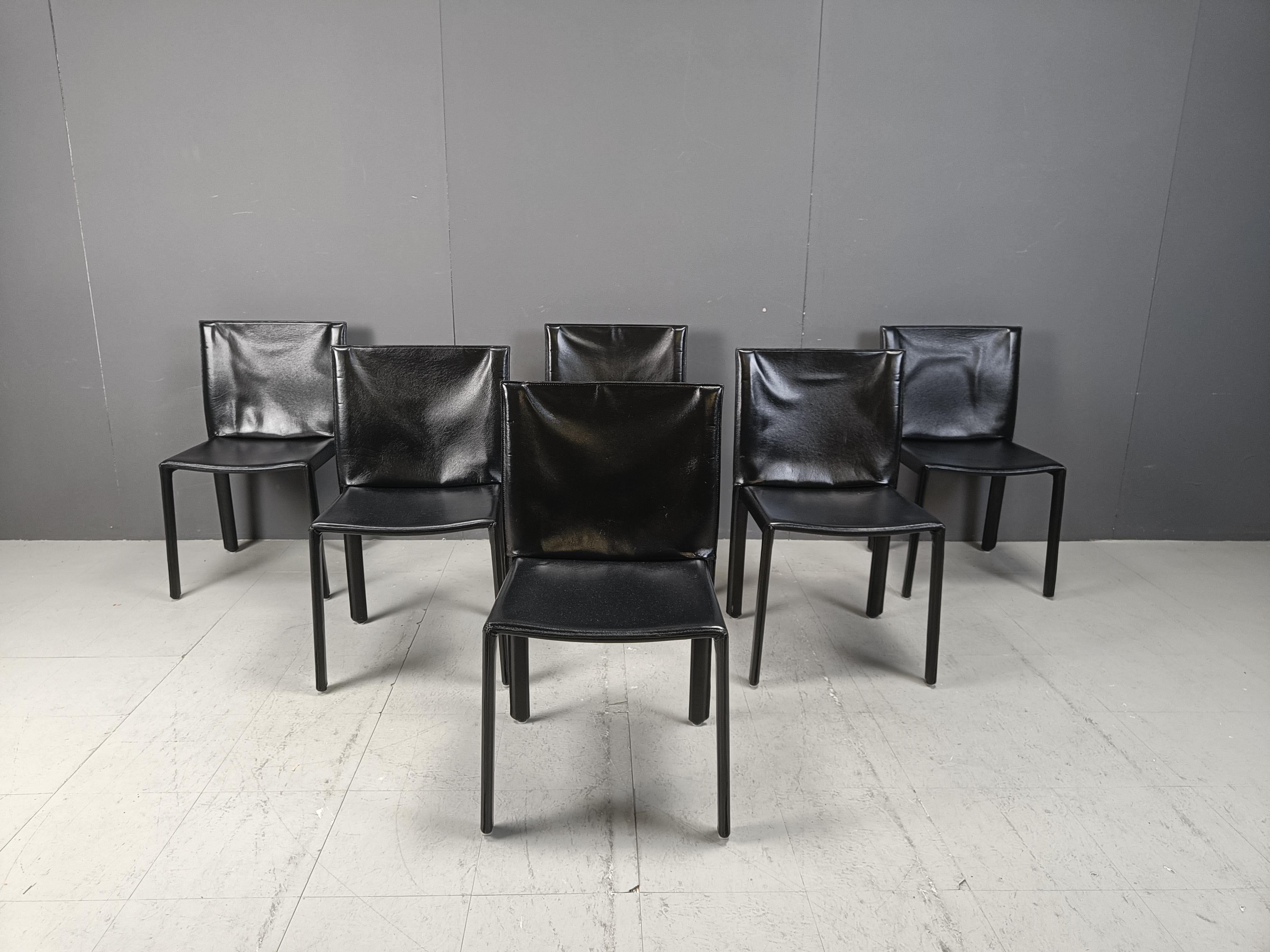 Mid-Century Modern Vintage Pasqualine leather dining chairs by Enrico Pellizzoni, 1980s - set of 6 For Sale