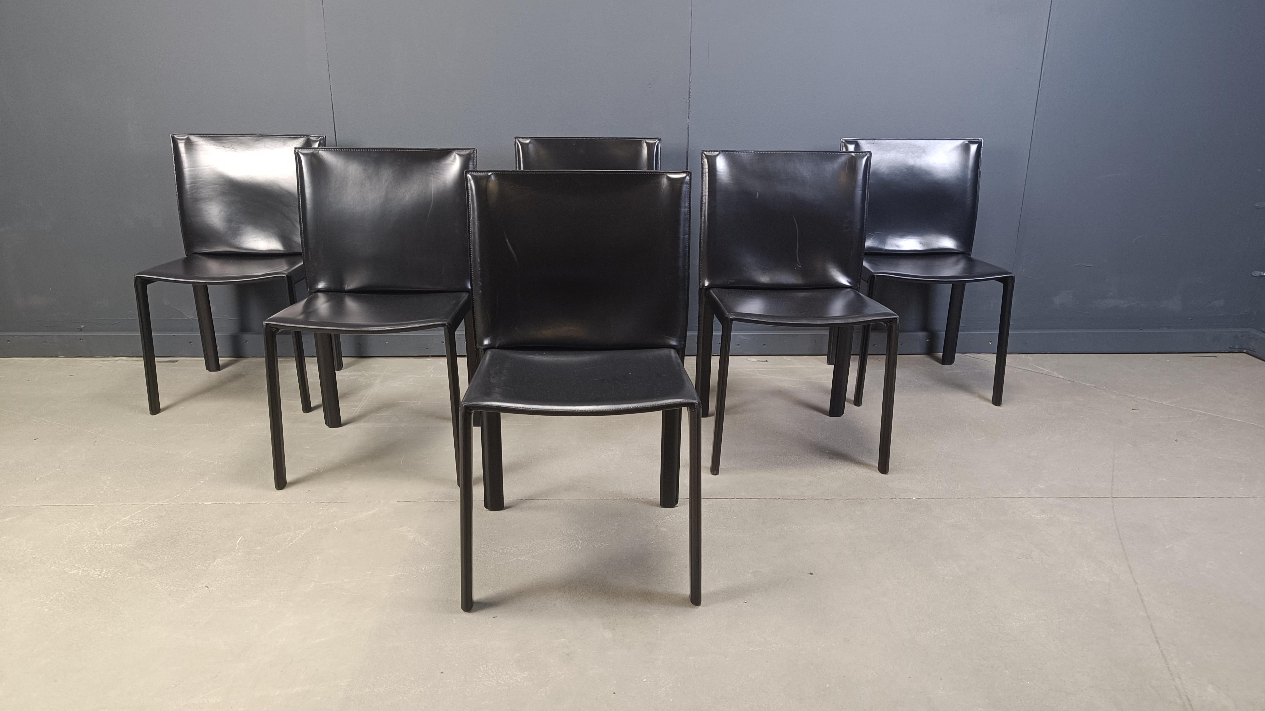 Mid-Century Modern Vintage Pasqualine leather dining chairs by Enrico Pellizzoni, 1980s - set of 6