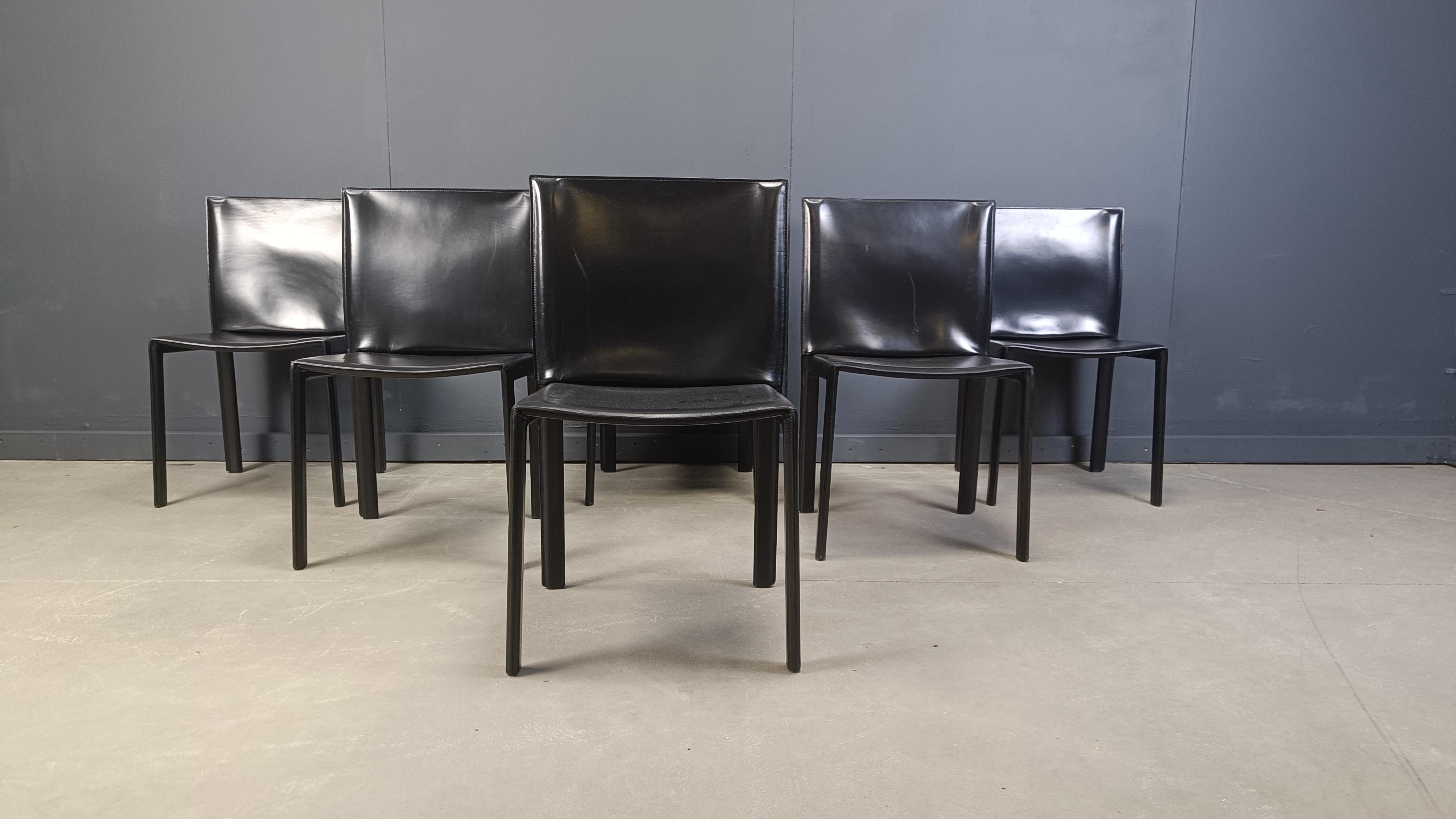 Italian Vintage Pasqualine leather dining chairs by Enrico Pellizzoni, 1980s - set of 6