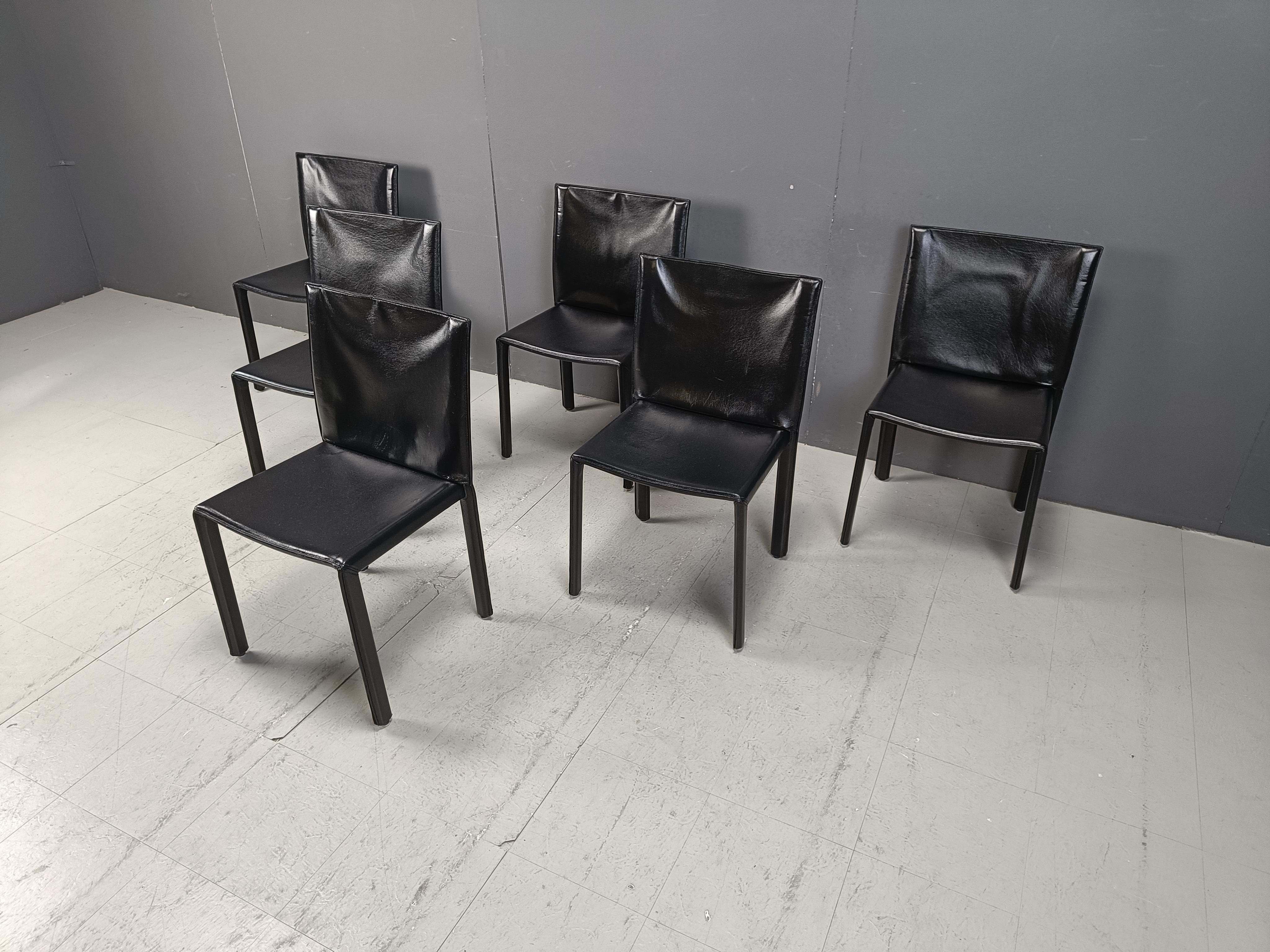 Leather Vintage Pasqualine leather dining chairs by Enrico Pellizzoni, 1980s - set of 6 For Sale