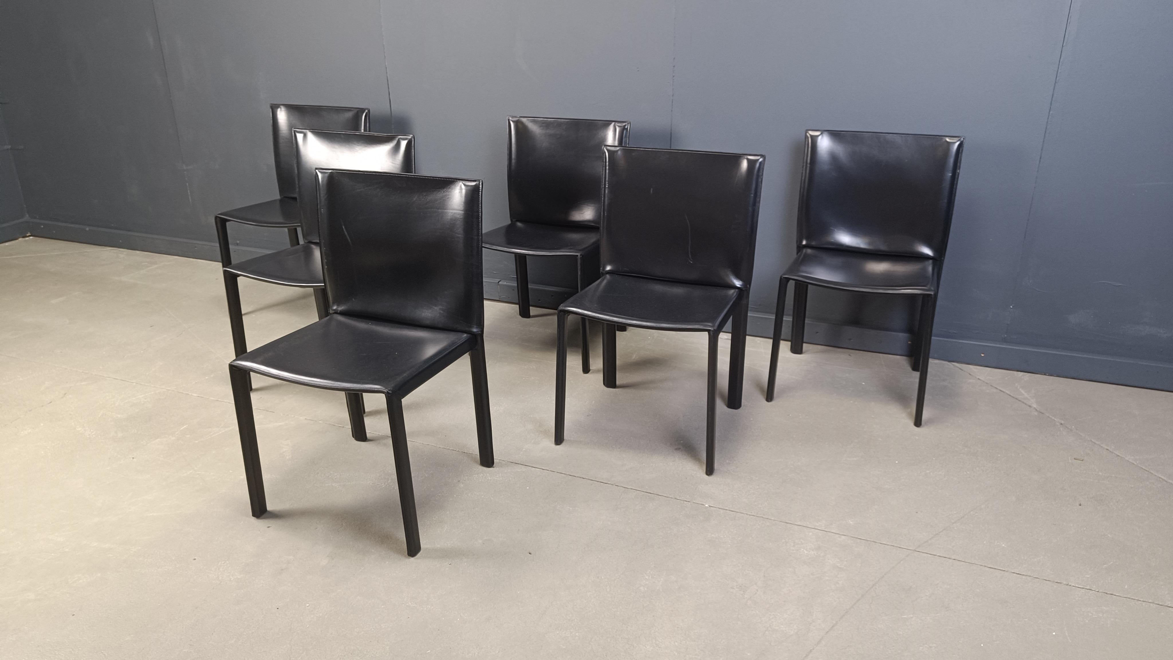 Leather Vintage Pasqualine leather dining chairs by Enrico Pellizzoni, 1980s - set of 6